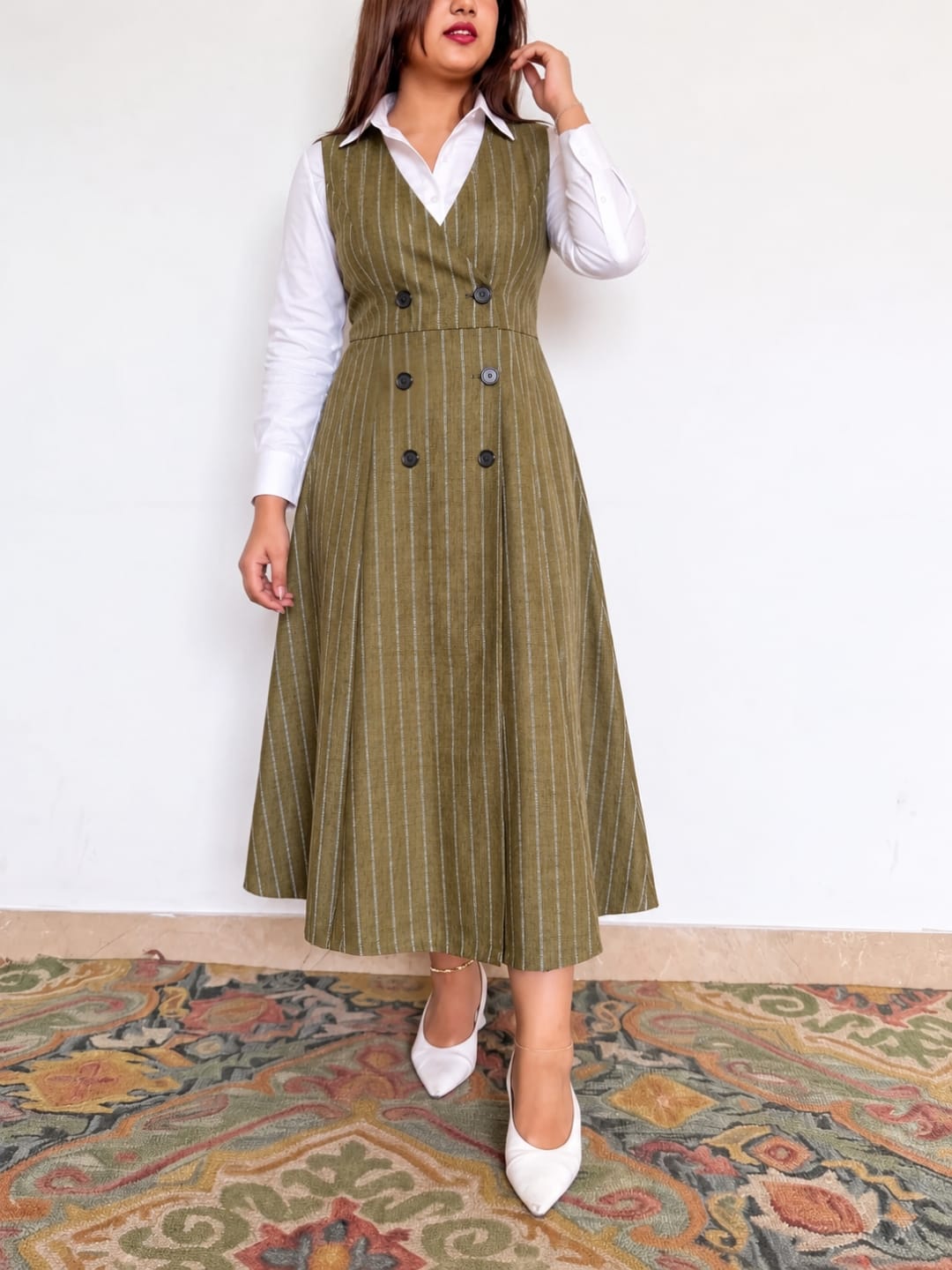 Midnight Pinstripe Pinafore Dress