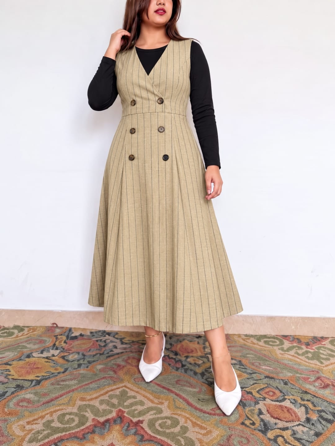 Midnight Pinstripe Pinafore Dress
