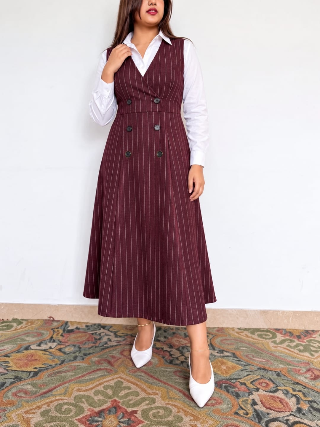 Midnight Pinstripe Pinafore Dress