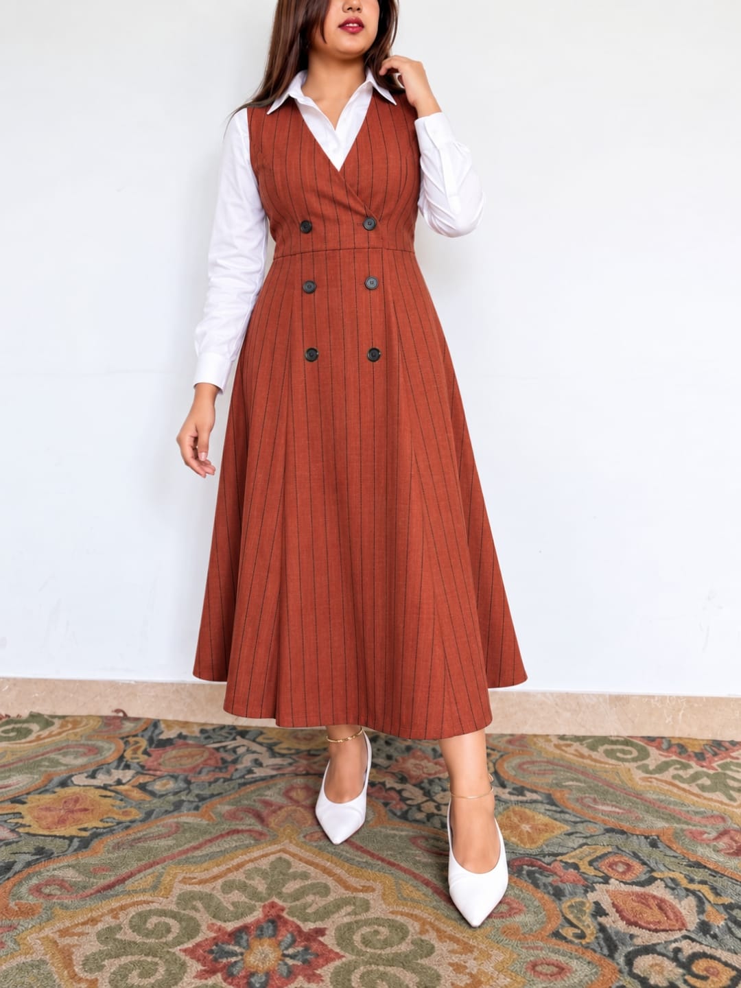 Midnight Pinstripe Pinafore Dress