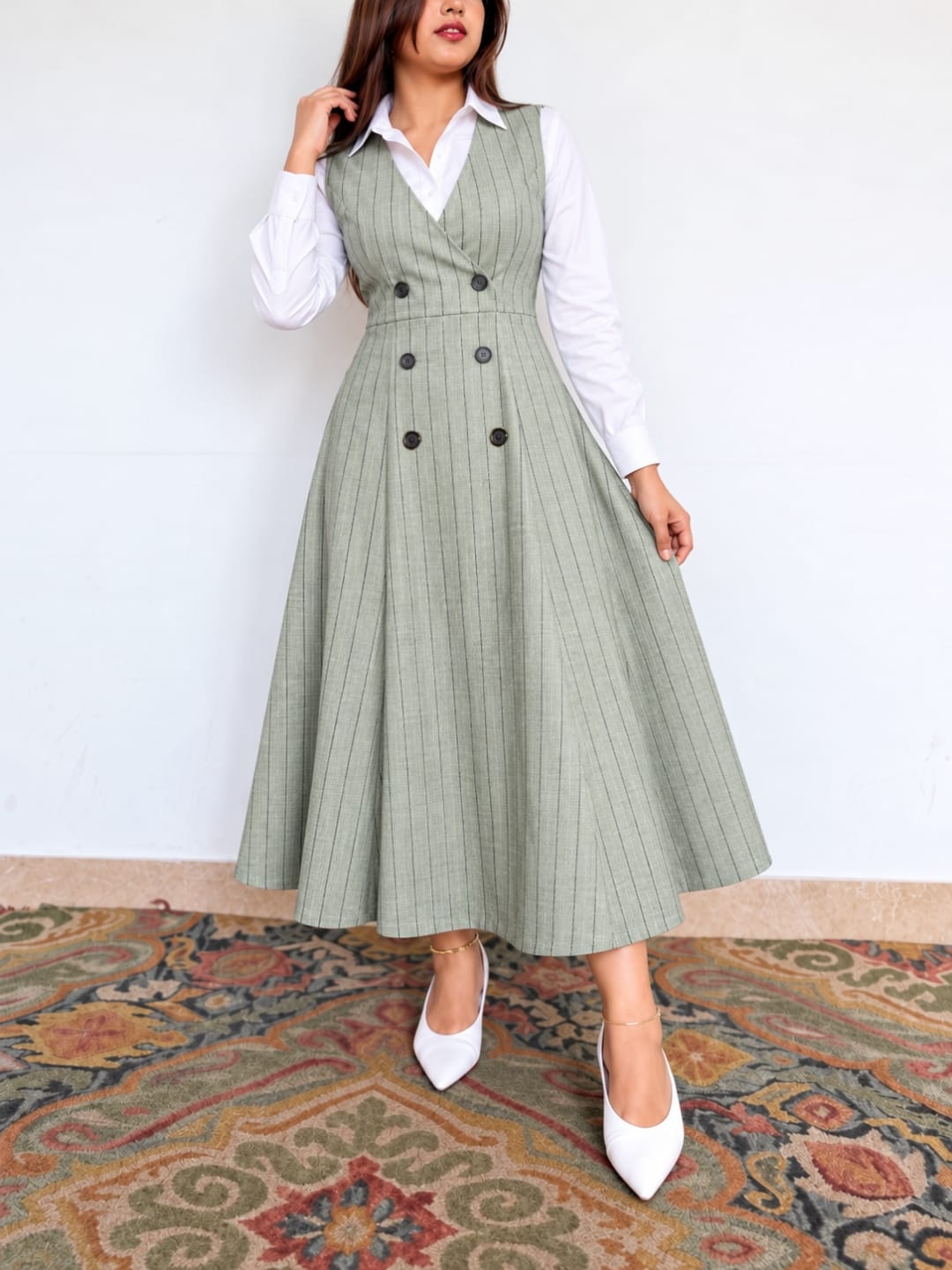 Midnight Pinstripe Pinafore Dress