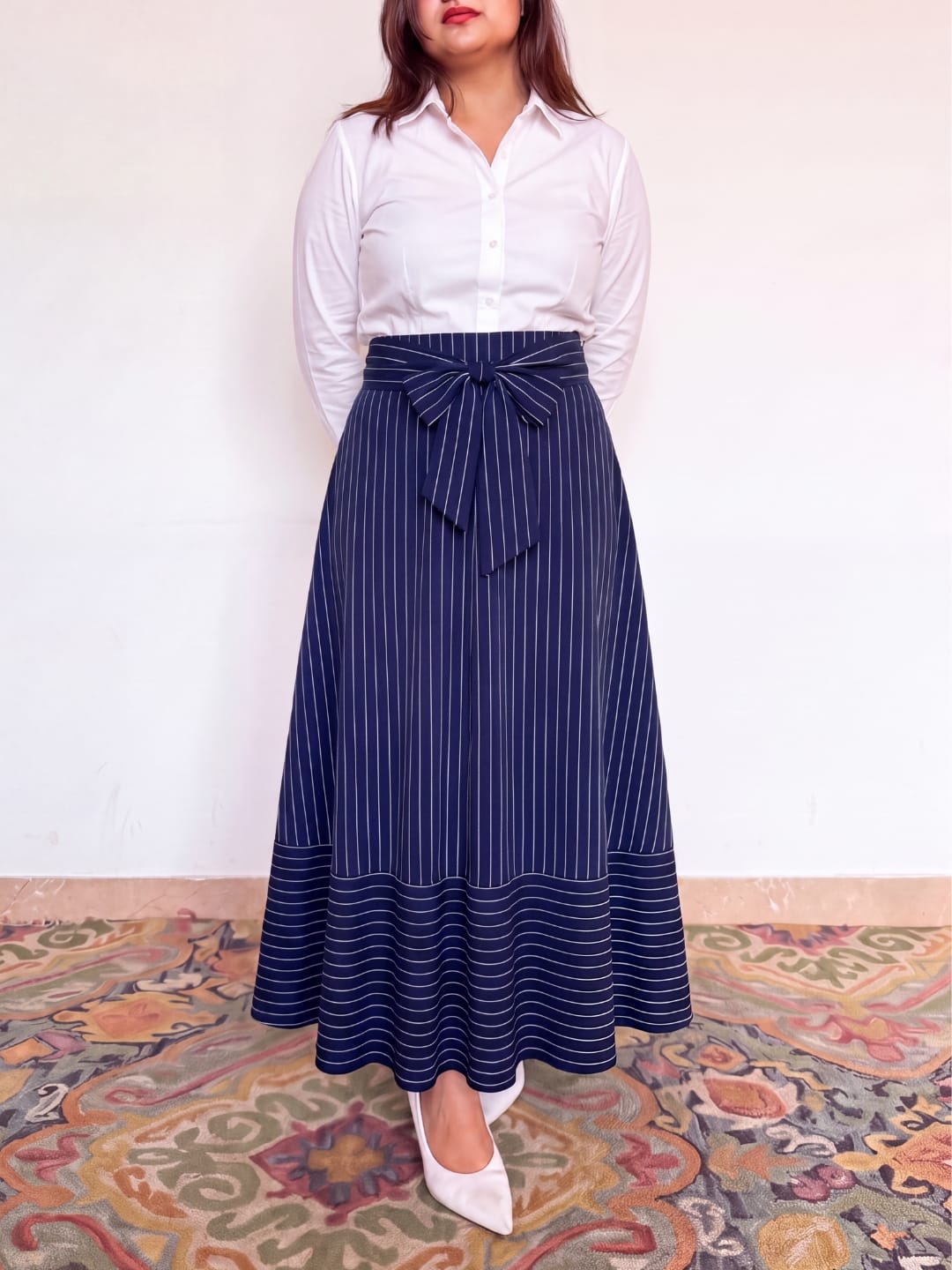 Boardroom Pinstripe Tie-Waist Skirt