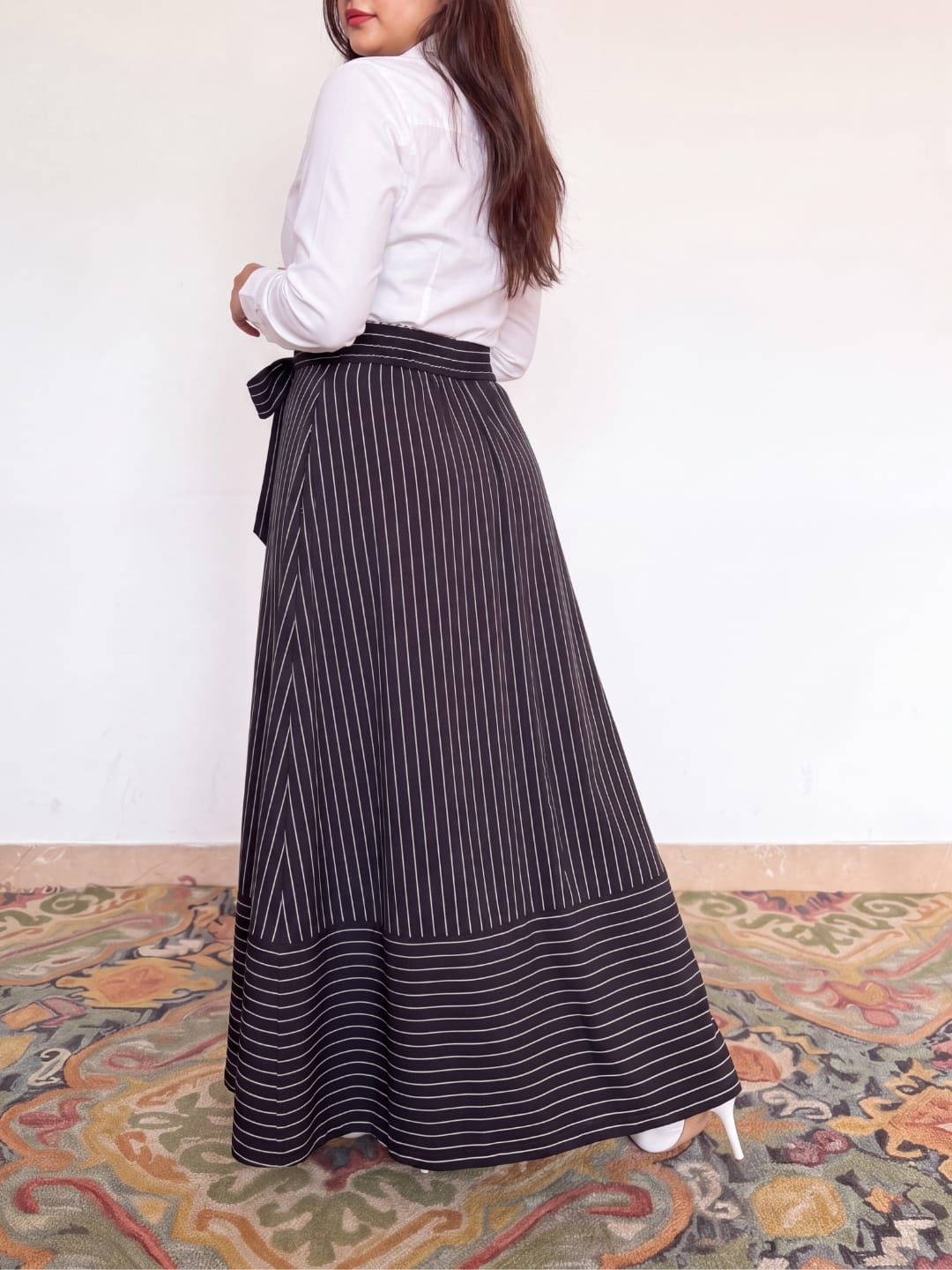 Boardroom Pinstripe Tie-Waist Skirt