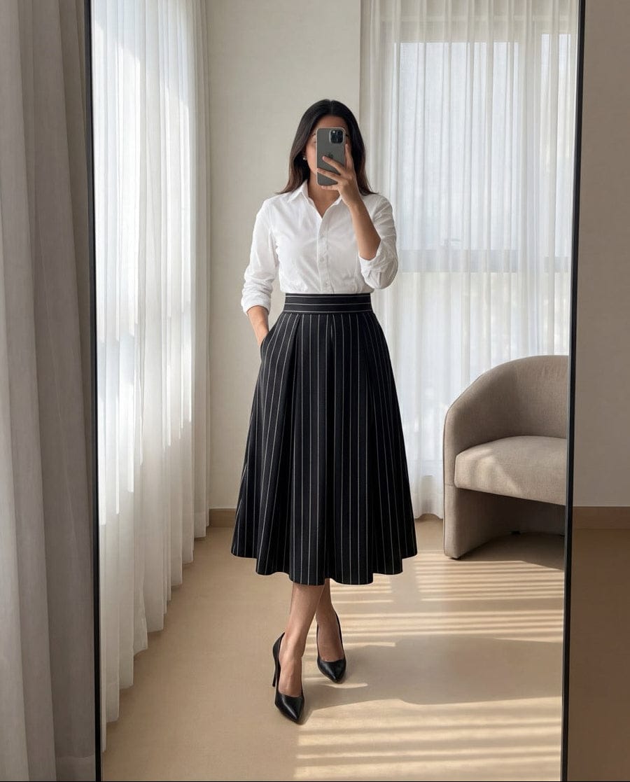 Pinstripe Box Pleated Skirt