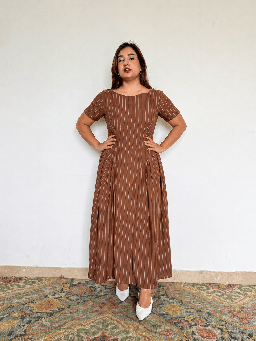 Brown Pinstripe Sleeve Marceline Dress