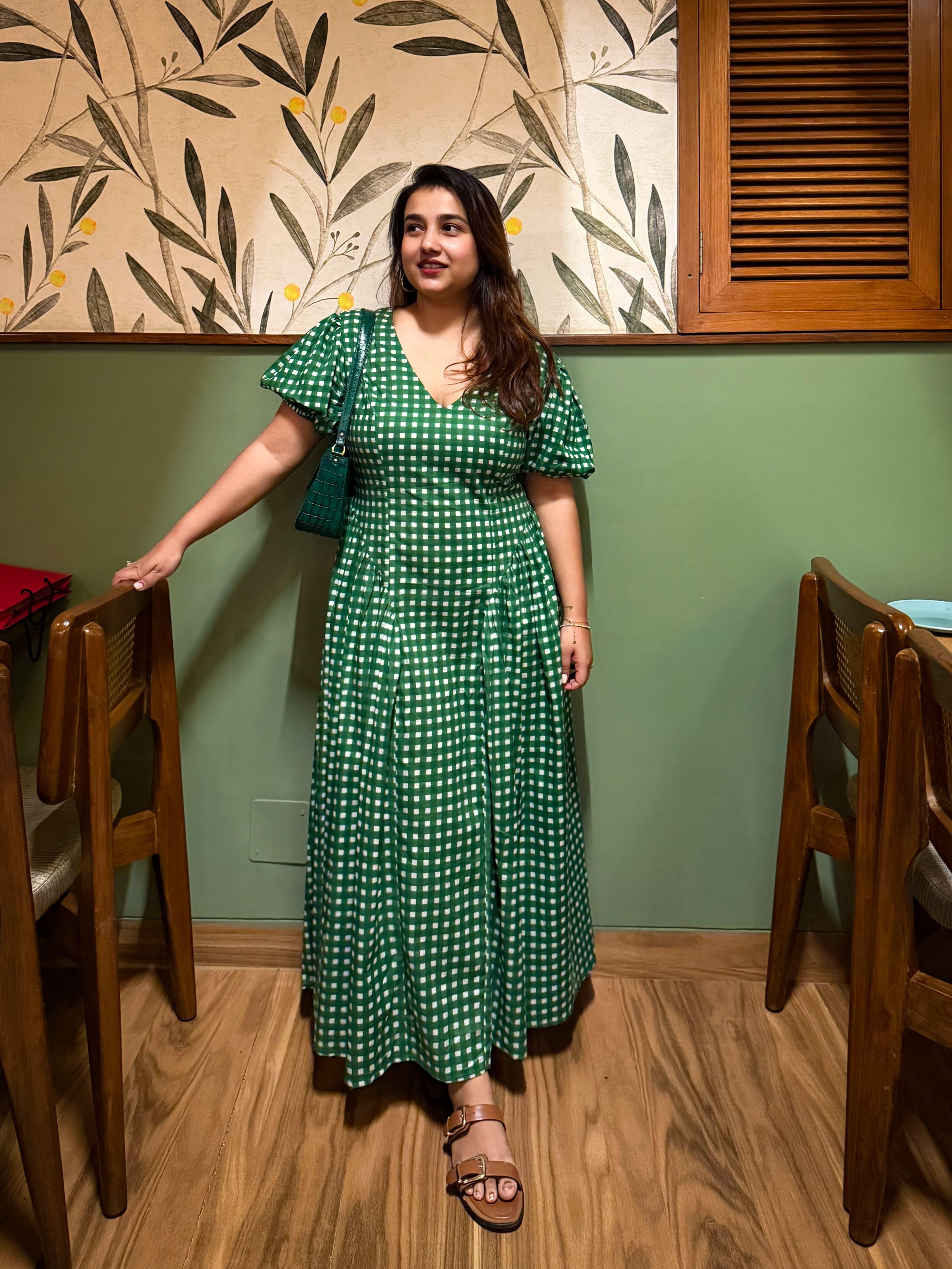 Sleeved Green Gingham Plaidy Dress