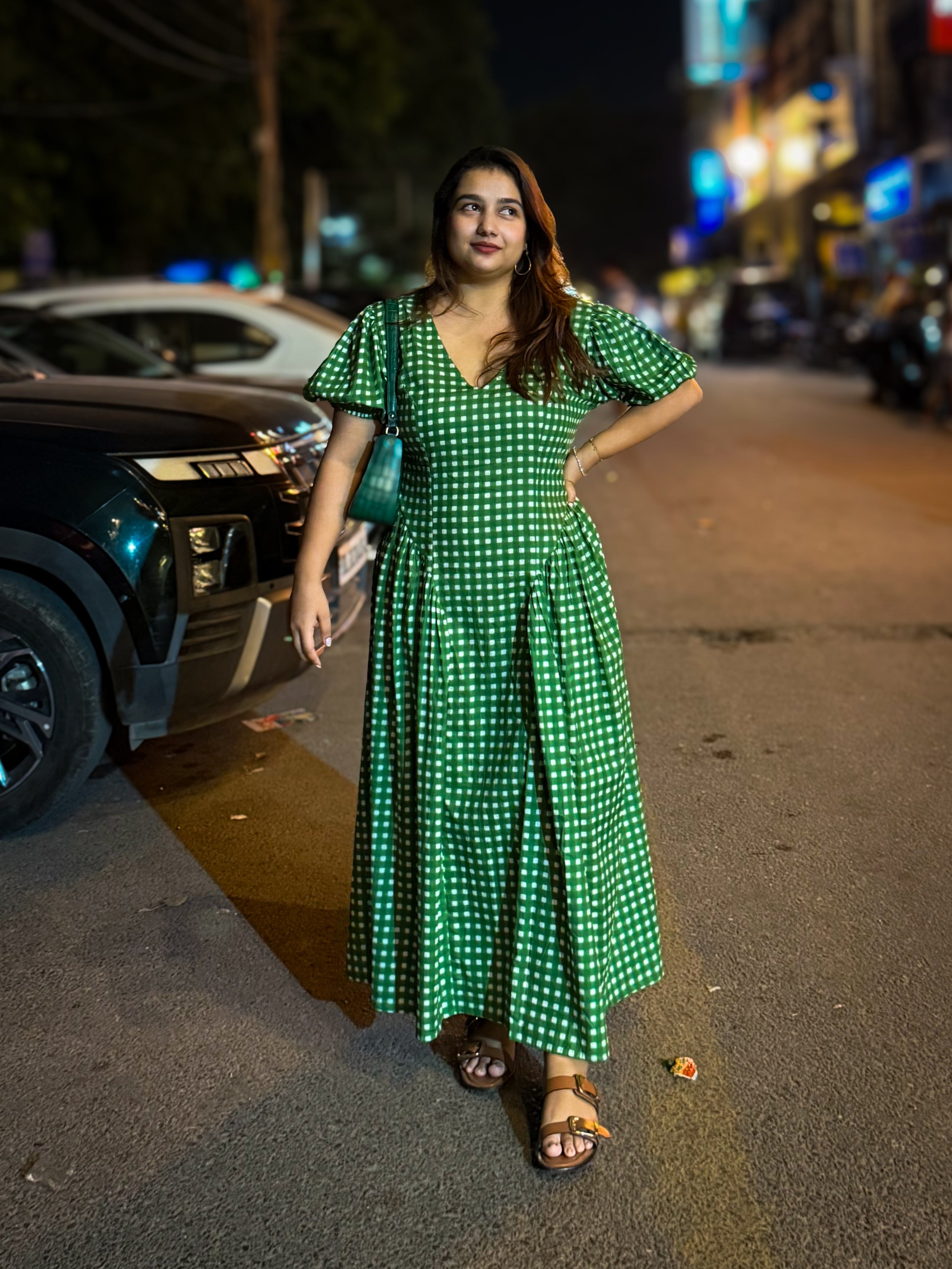 Sleeved Green Gingham Plaidy Dress