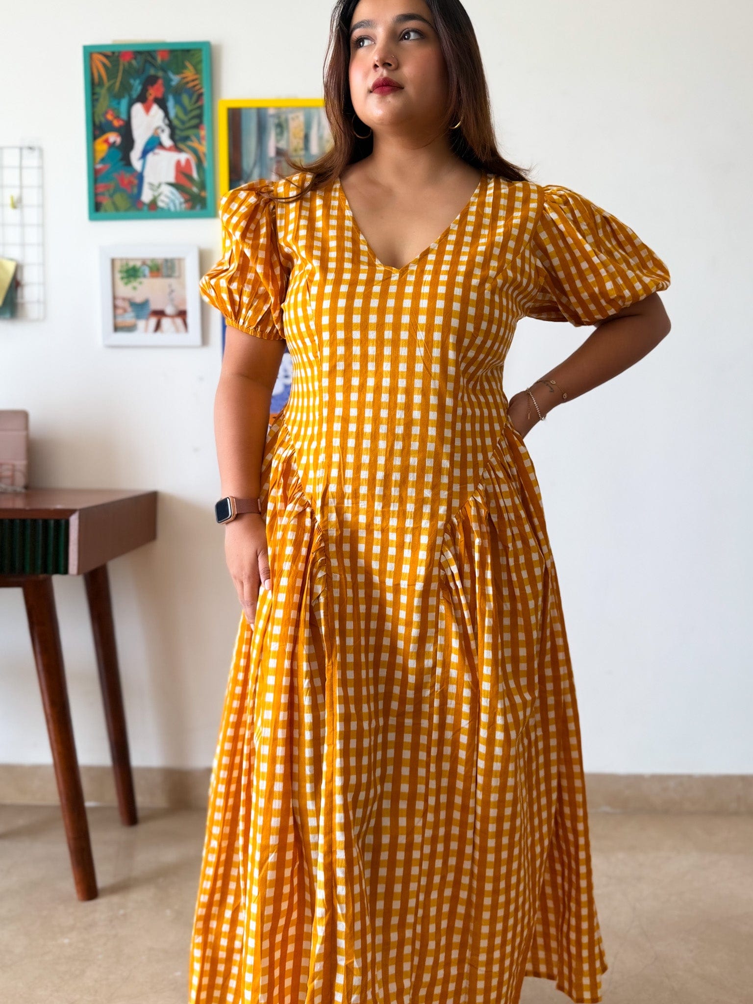 Sleeved Yellow Gingham Plaidy Dress