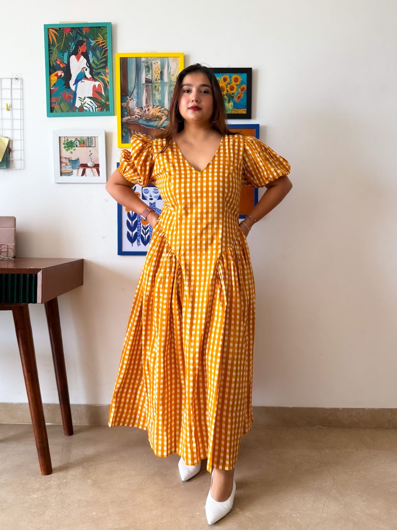 Sleeved Yellow Gingham Plaidy Dress