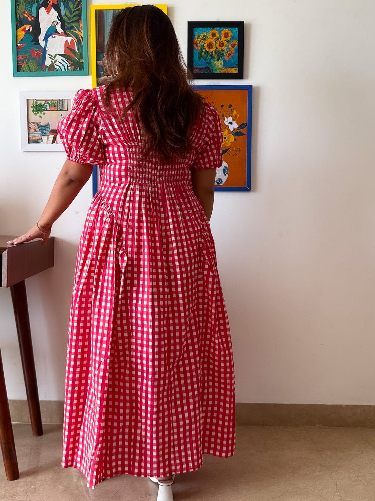 Sleeved Red Gingham Plaidy Dress