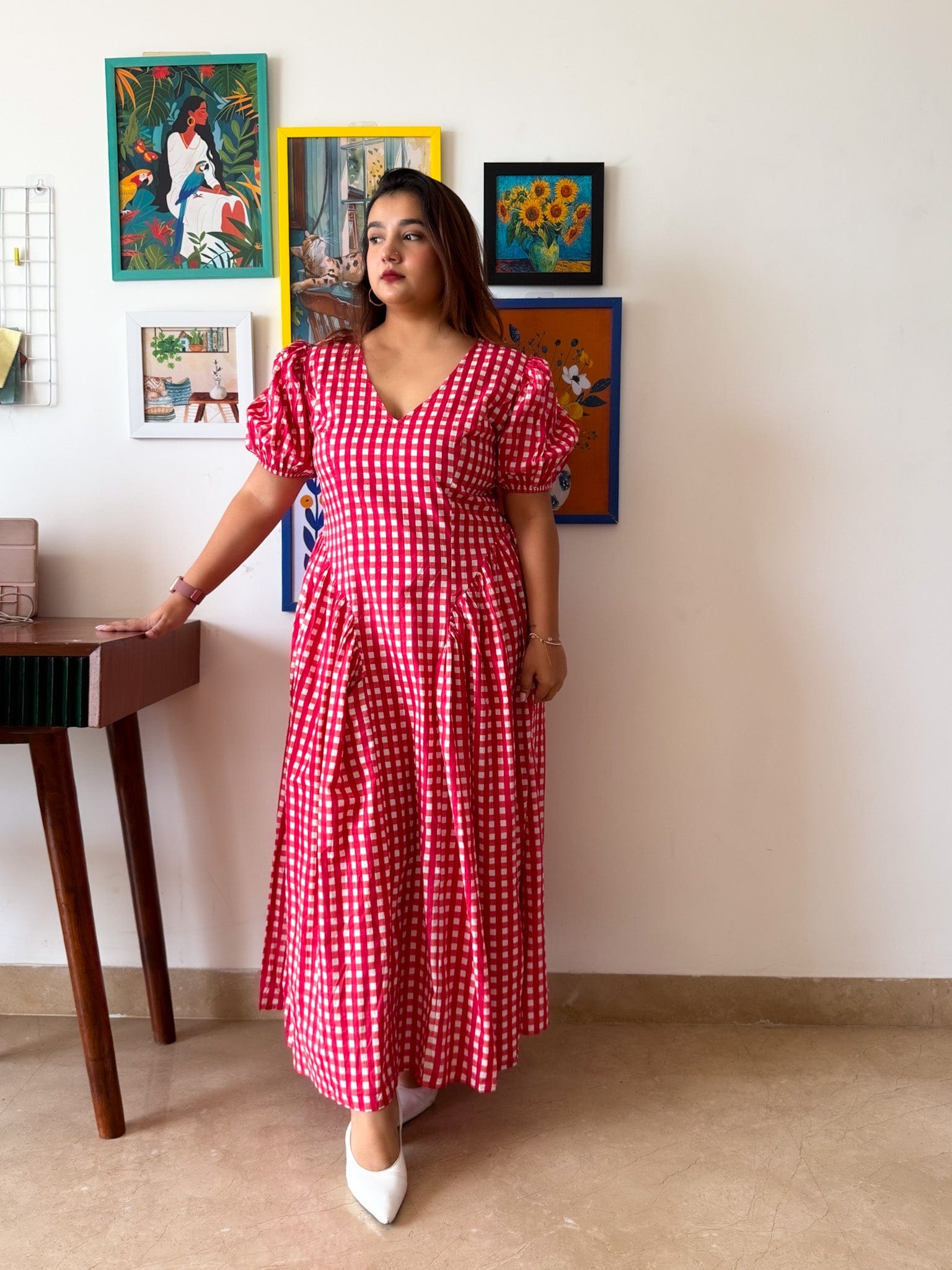 Sleeved Red Gingham Plaidy Dress