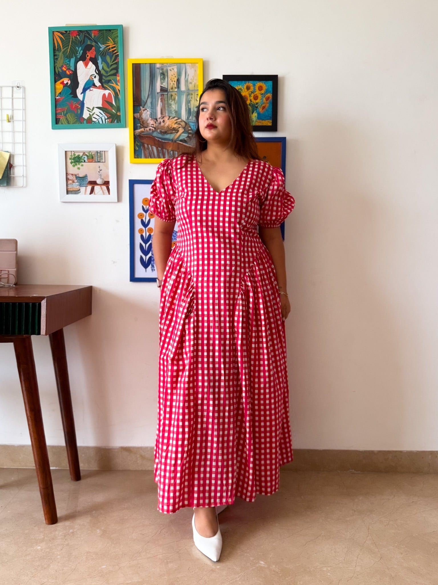 Sleeved Red Gingham Plaidy Dress