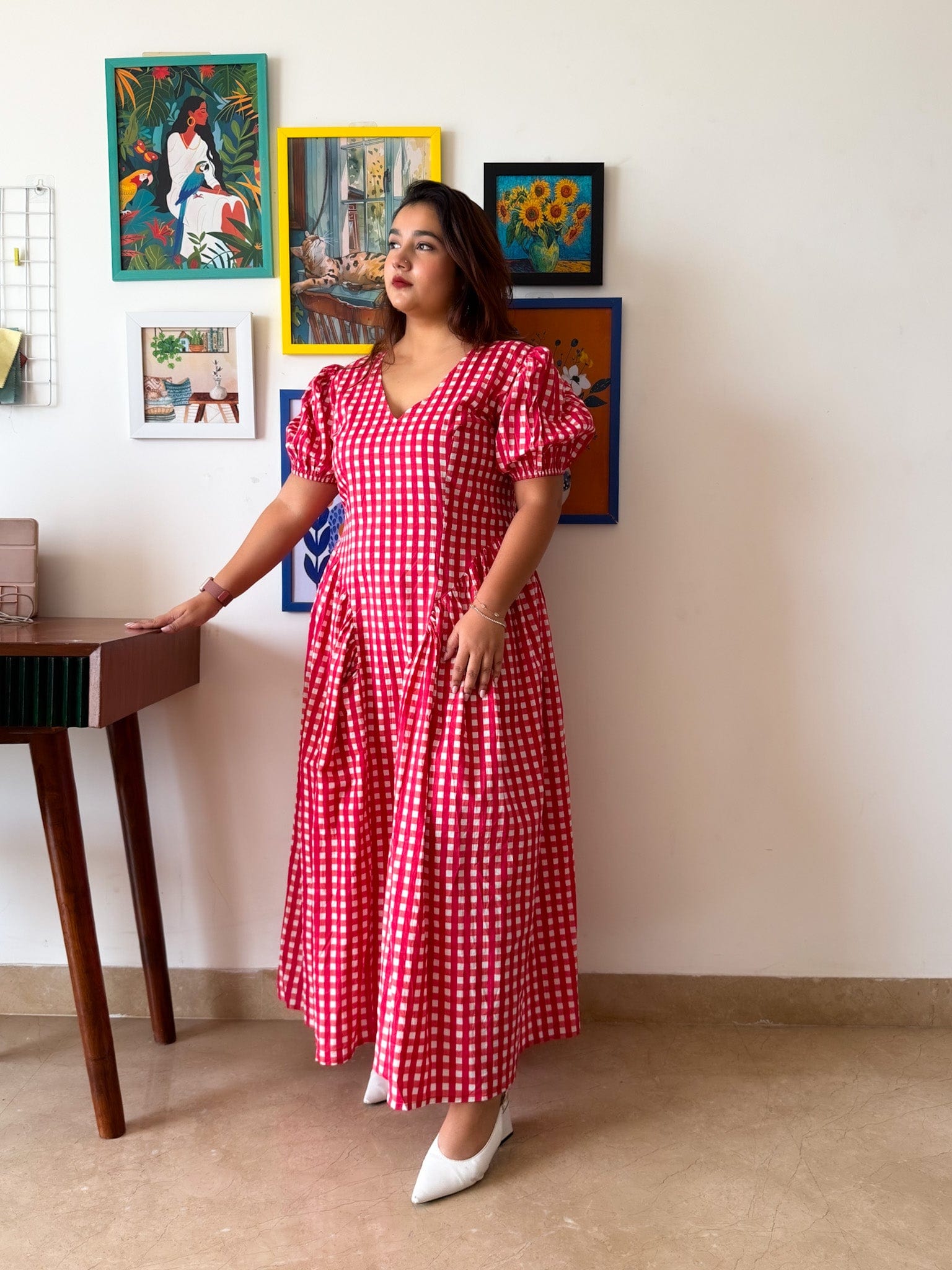 Sleeved Red Gingham Plaidy Dress