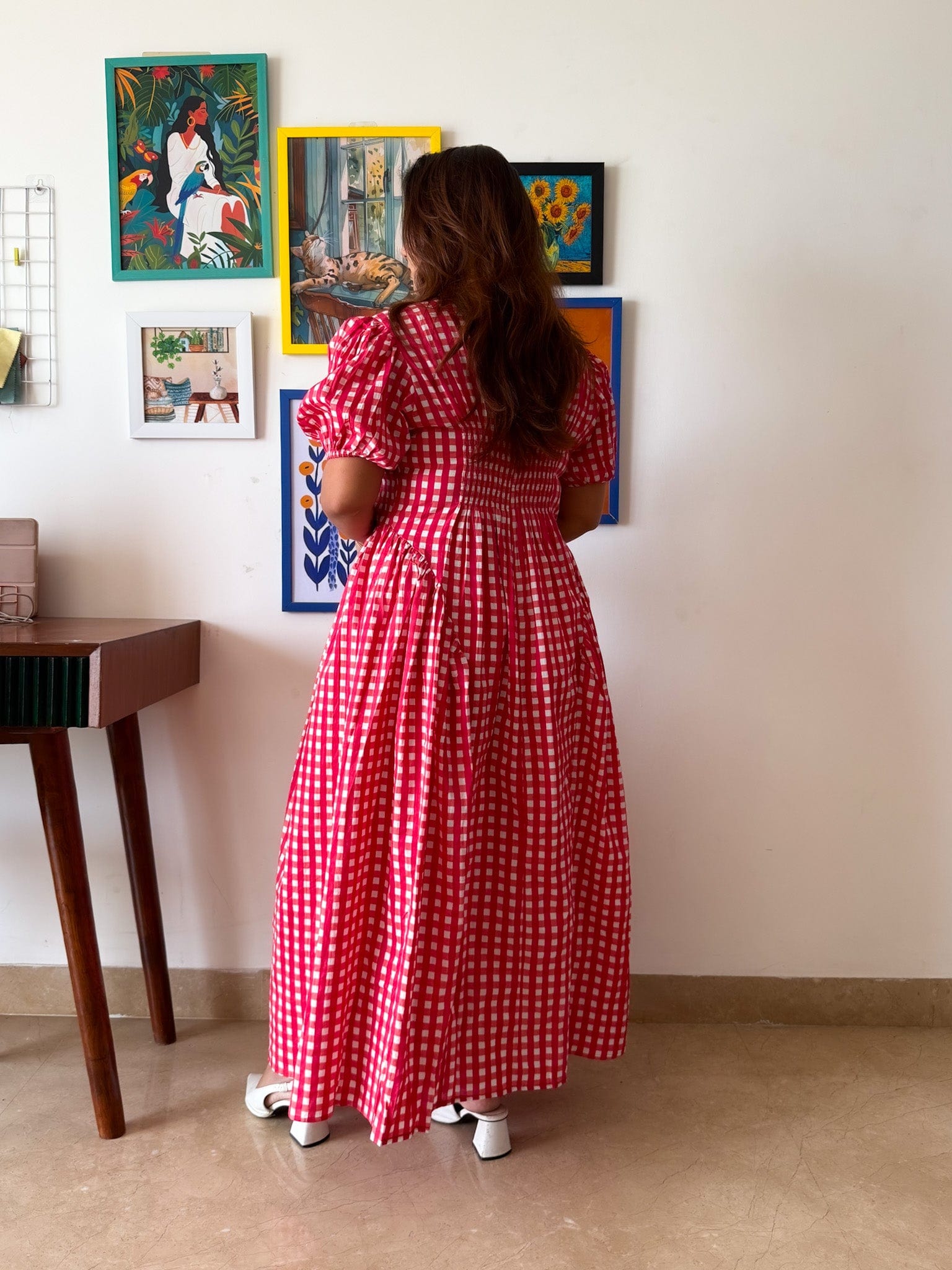 Sleeved Red Gingham Plaidy Dress