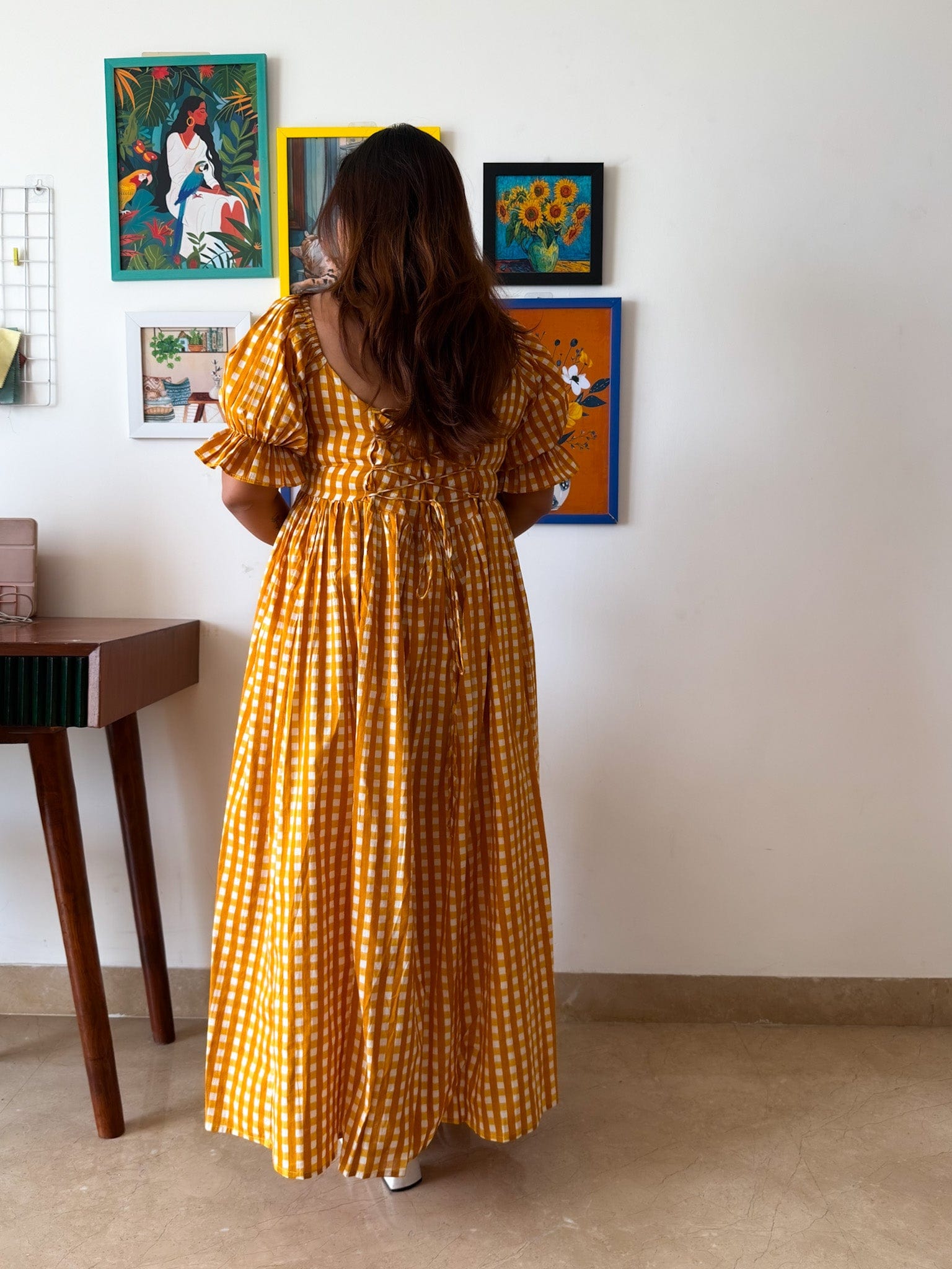 Sleeved Yellow Gingham Biscoff Dress