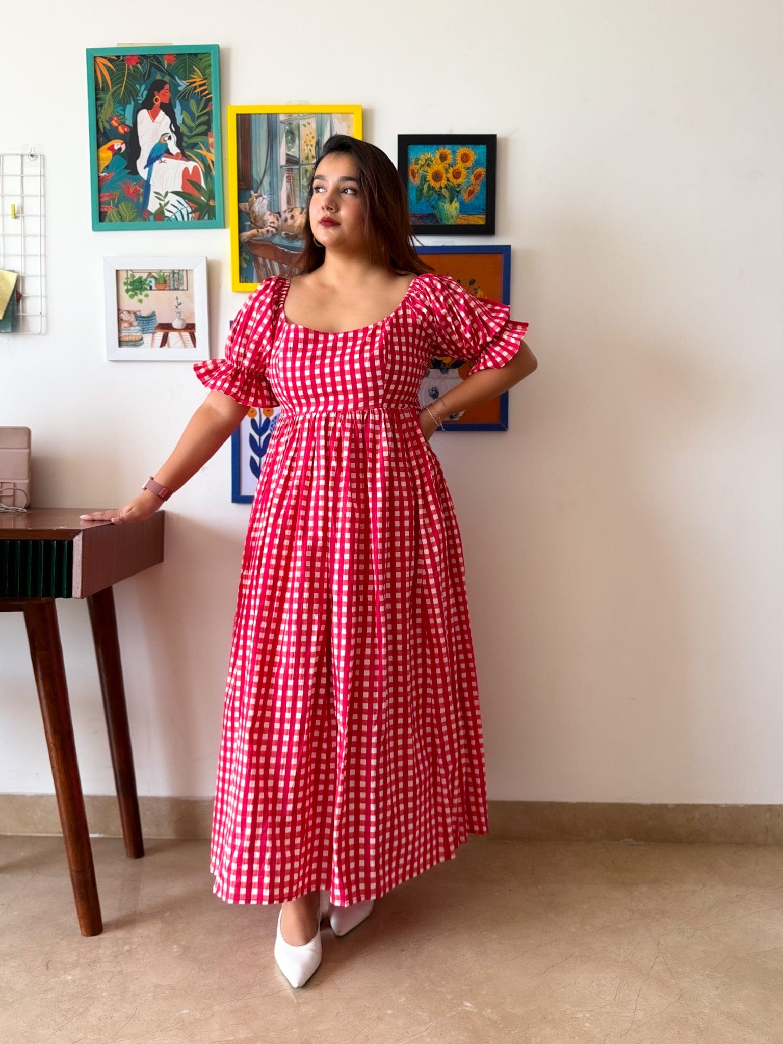 Sleeved Red Gingham Biscoff Dress