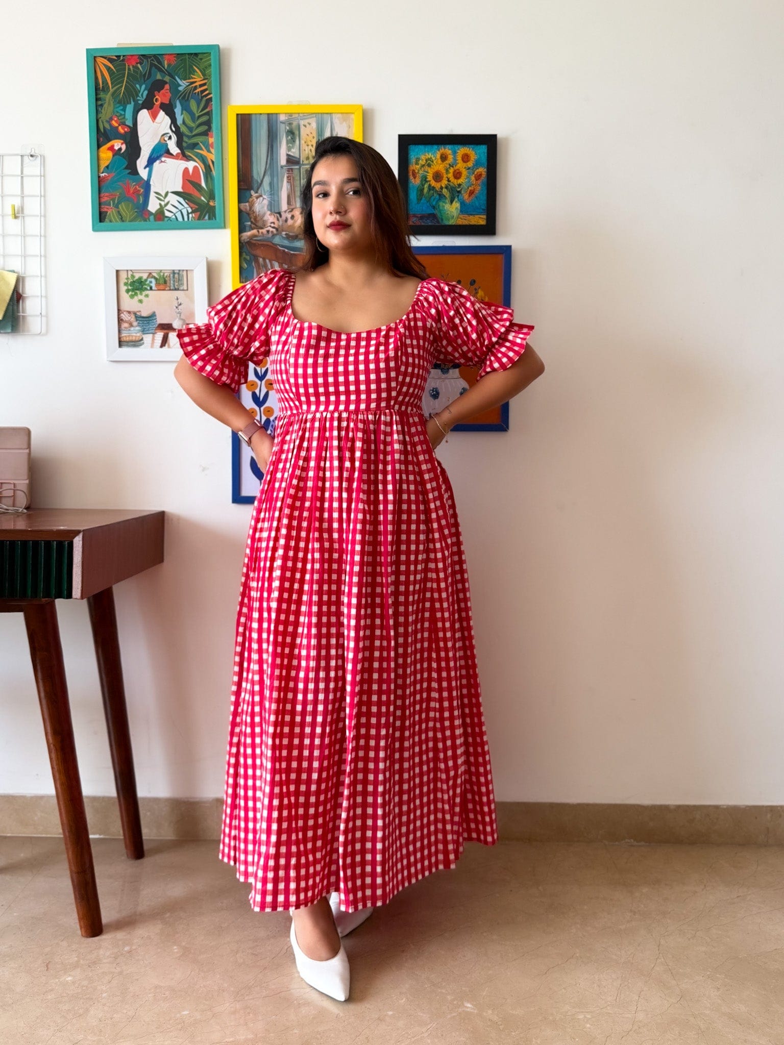 Sleeved Red Gingham Biscoff Dress