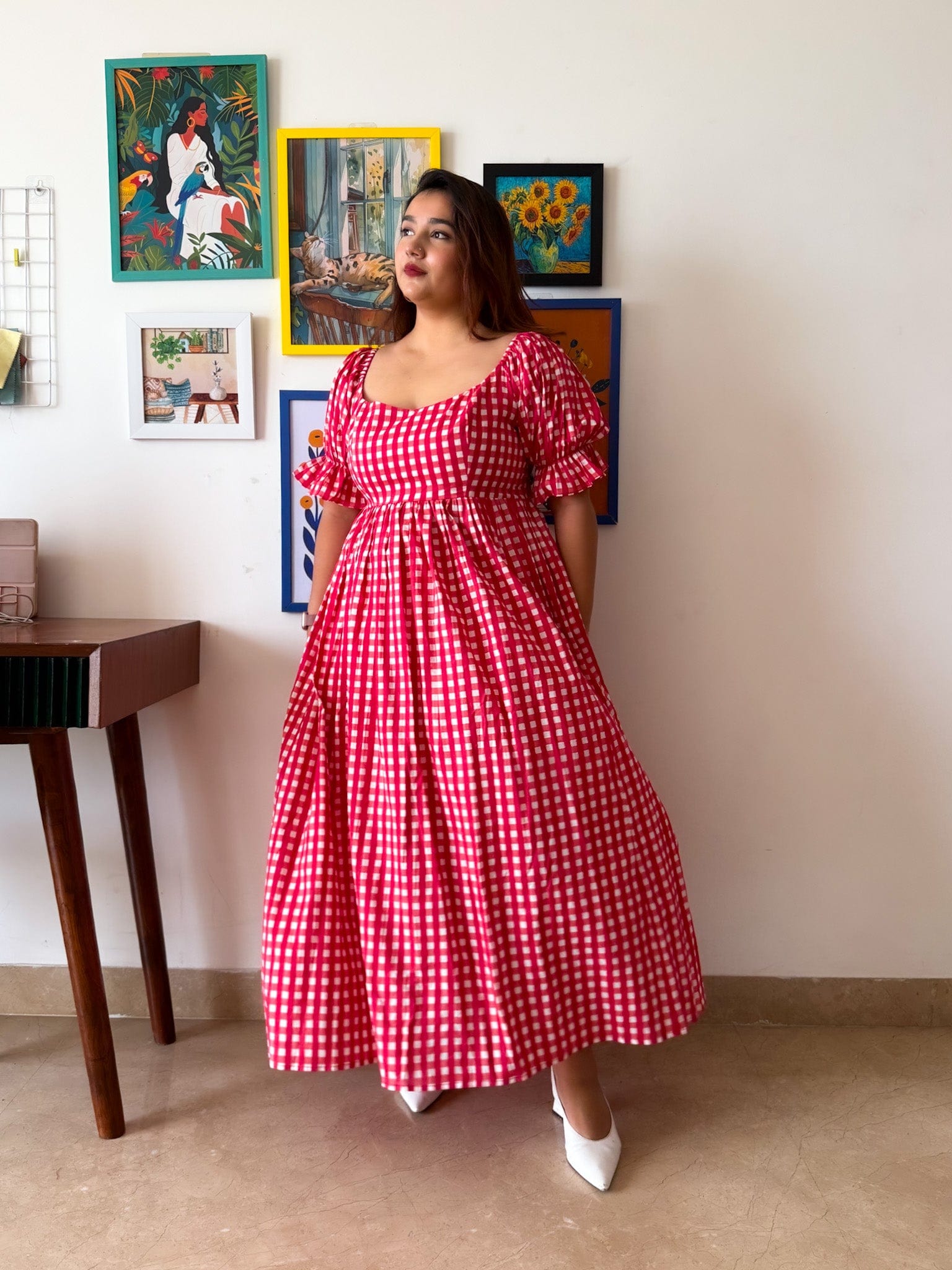 Sleeved Red Gingham Biscoff Dress