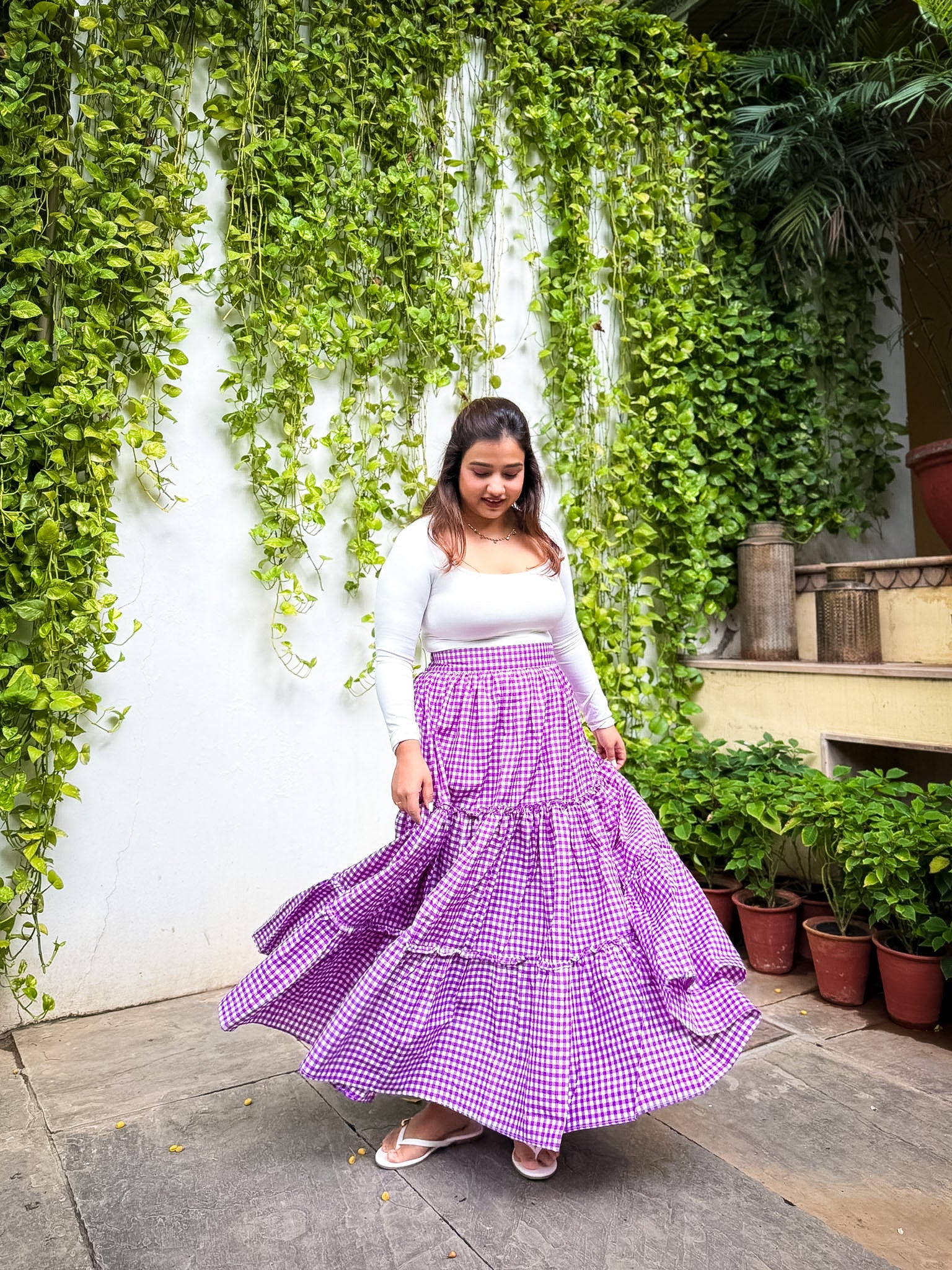 Purple Gingham Tiered Skirt