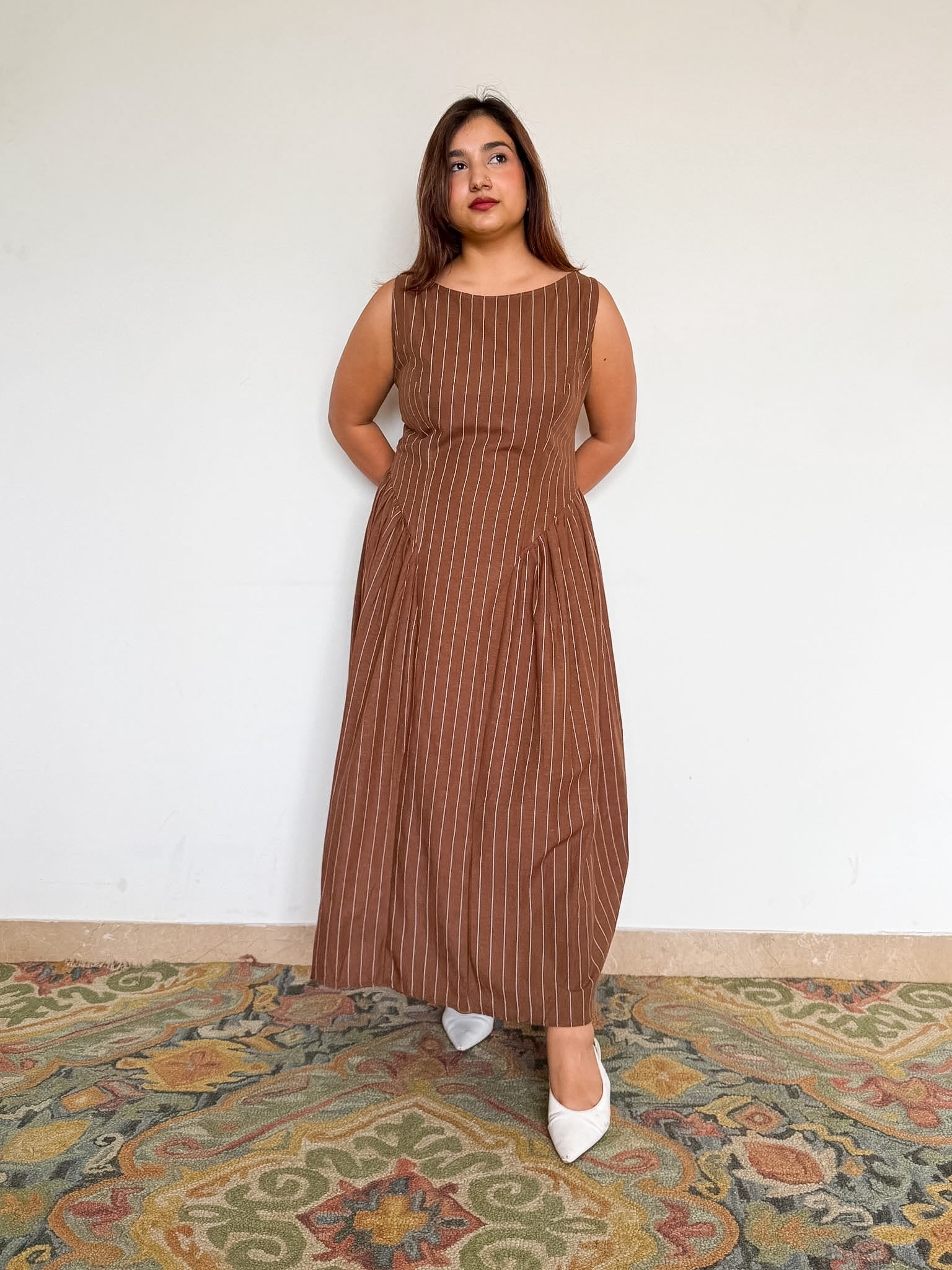 Brown Pinstripe Sleeveless Marceline Dress
