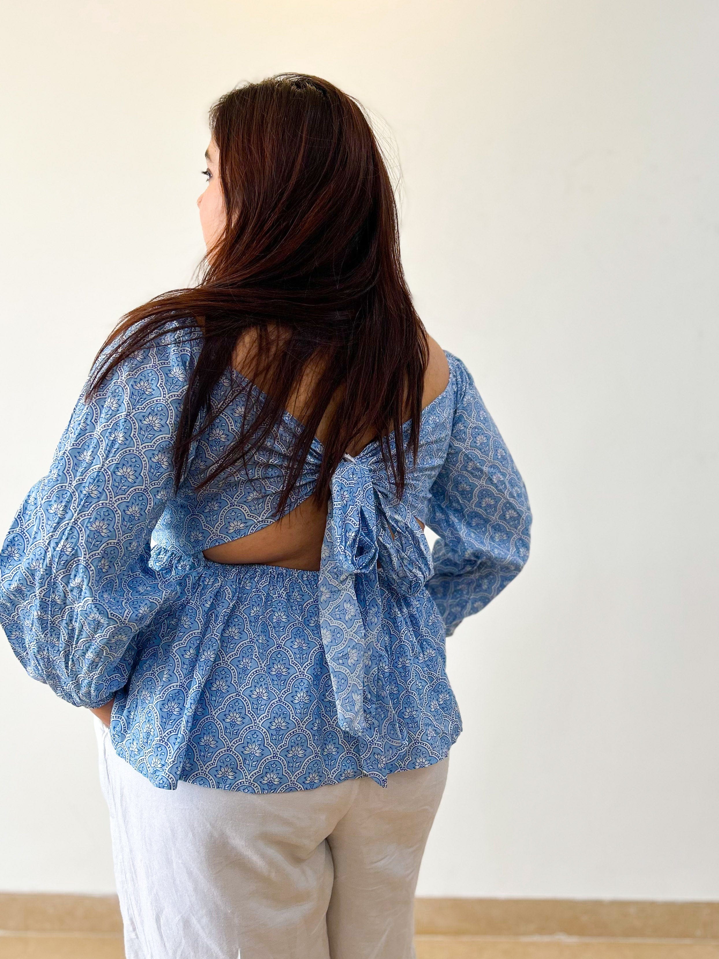 Powder Blue Printed Backtie Top