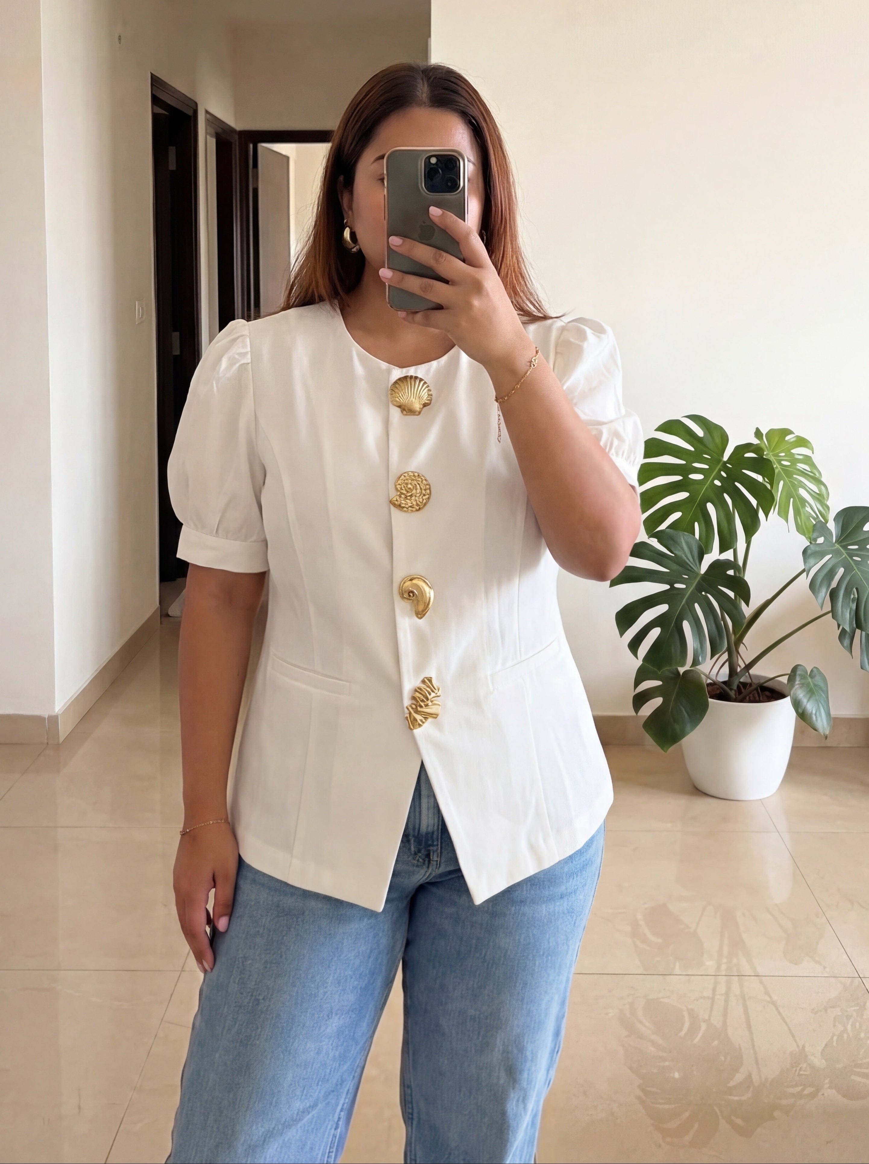 Dove Sleeved Waistcoat Top with Statement Brooches