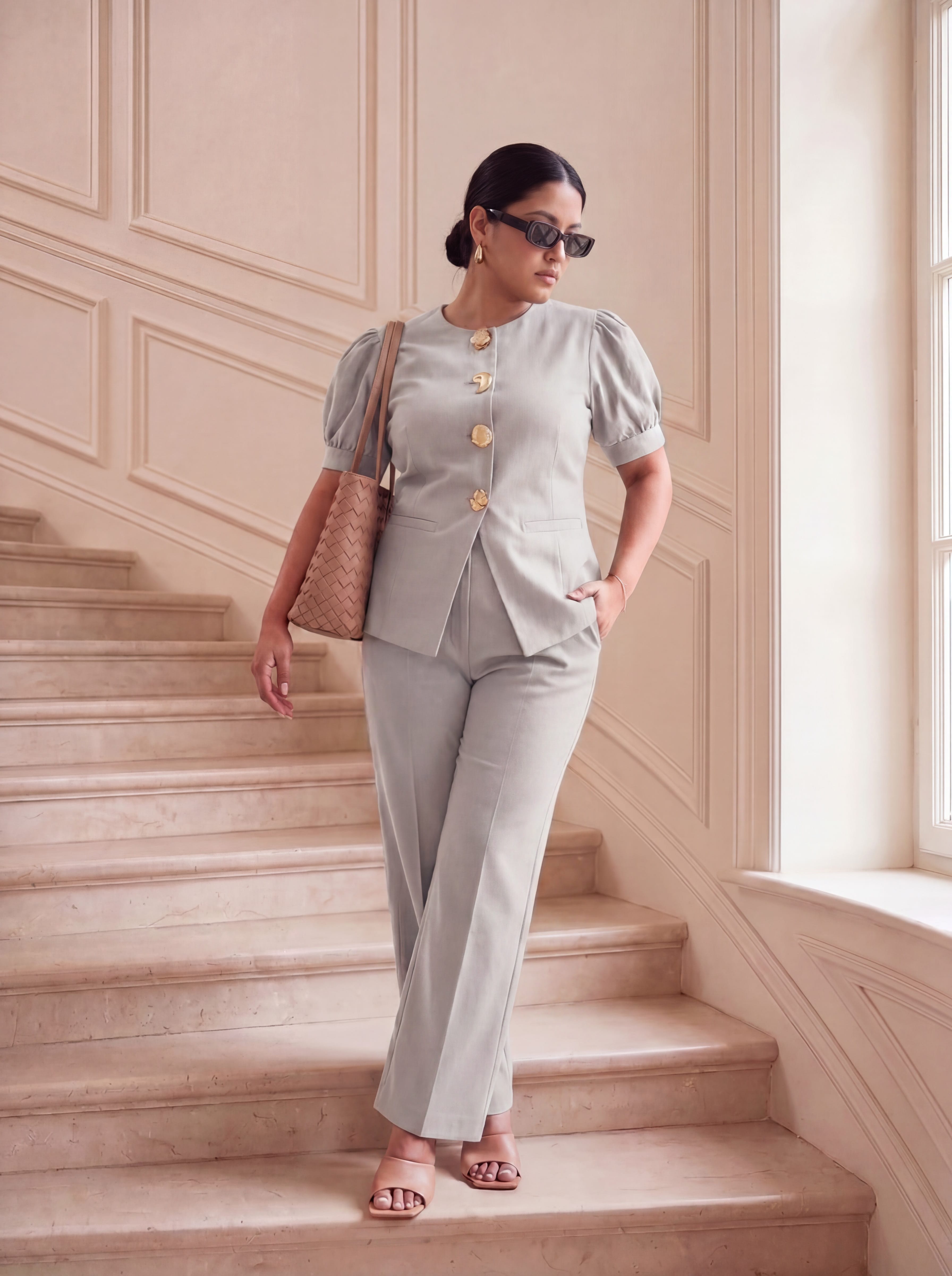 Grey Sleeved Waistcoat Top with Statement Brooches