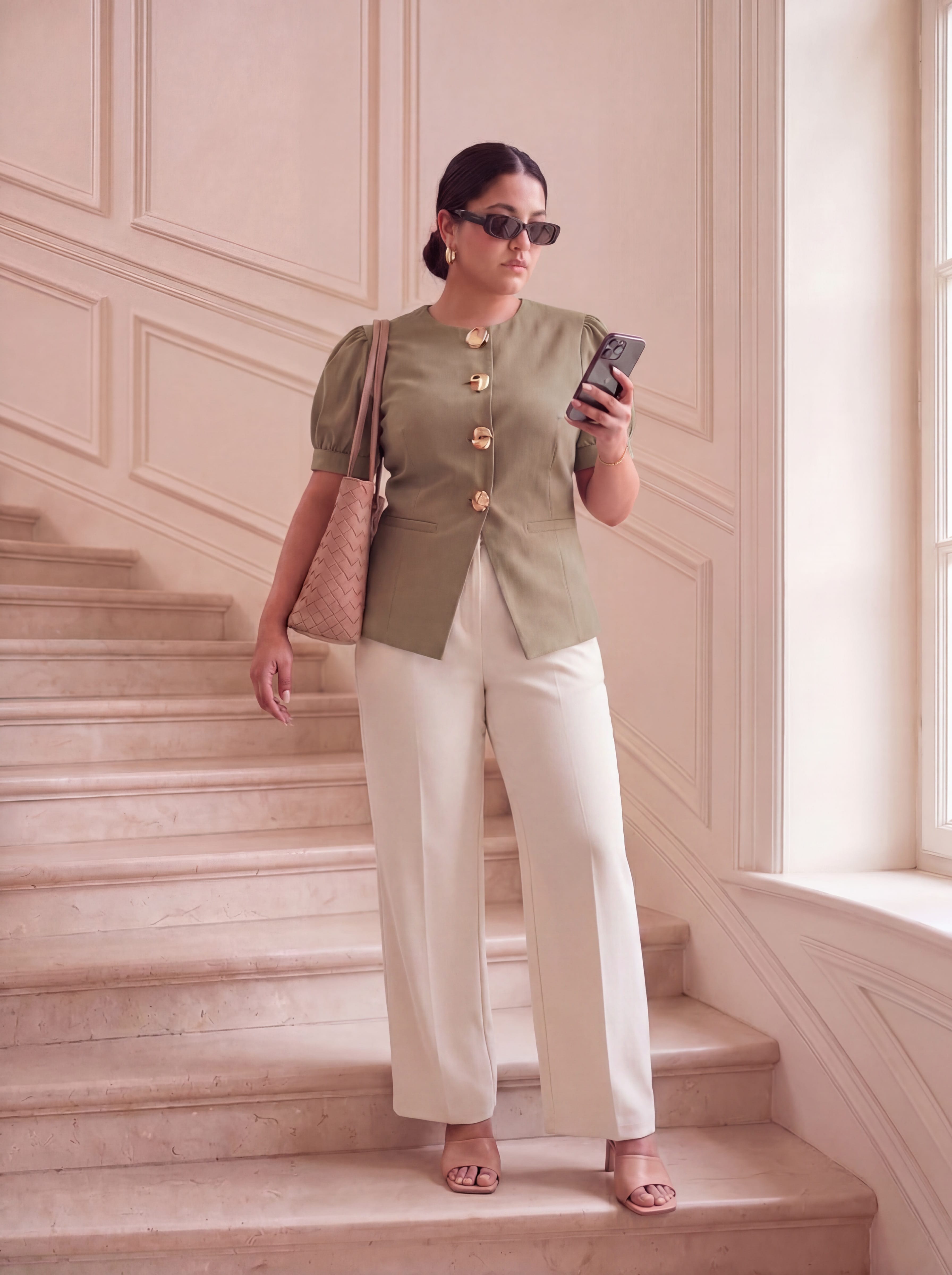 Sage Beige Sleeved Waistcoat Top with Statement Brooches