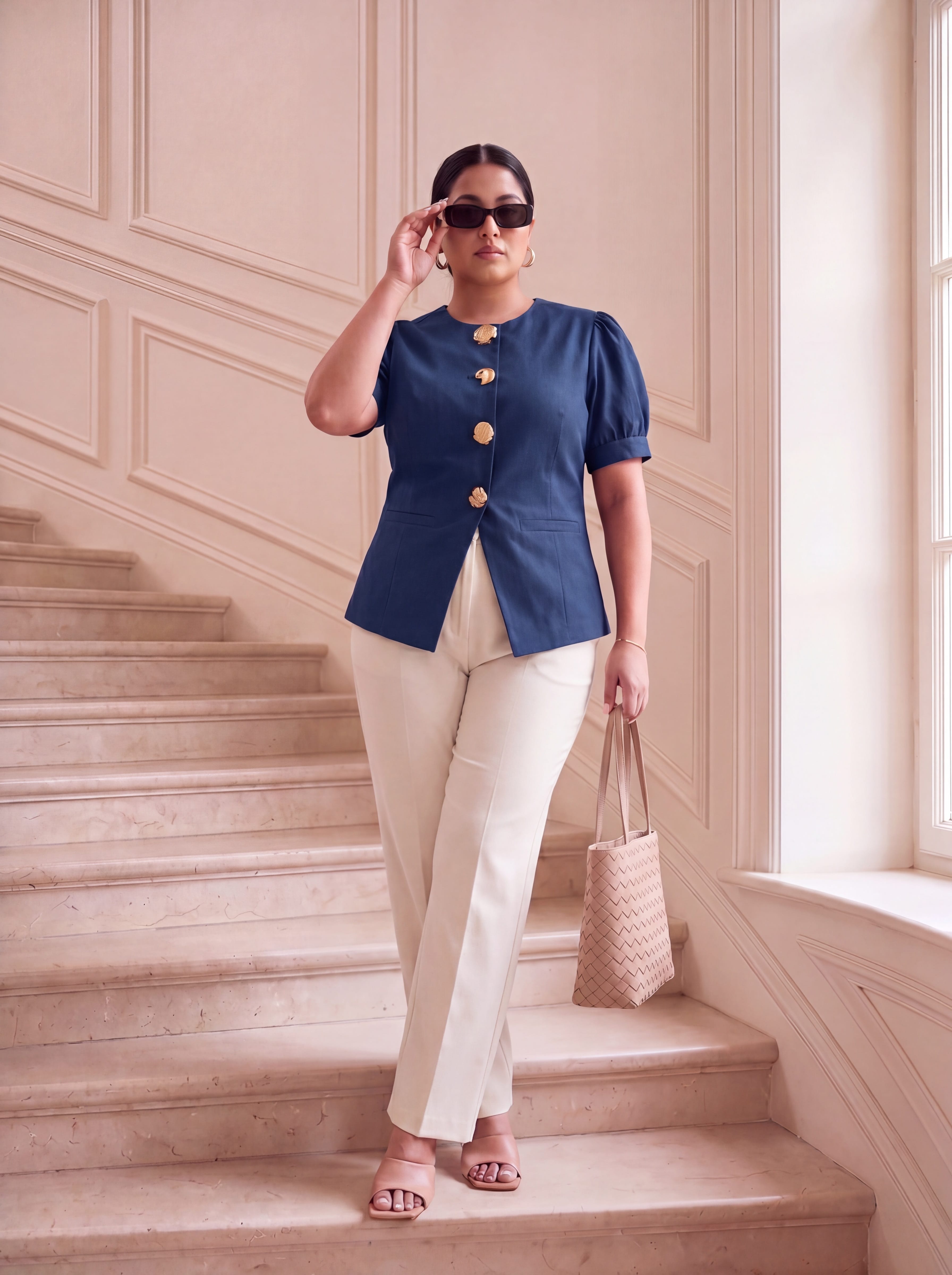 Navy Sleeved Waistcoat Top with Statement Brooches