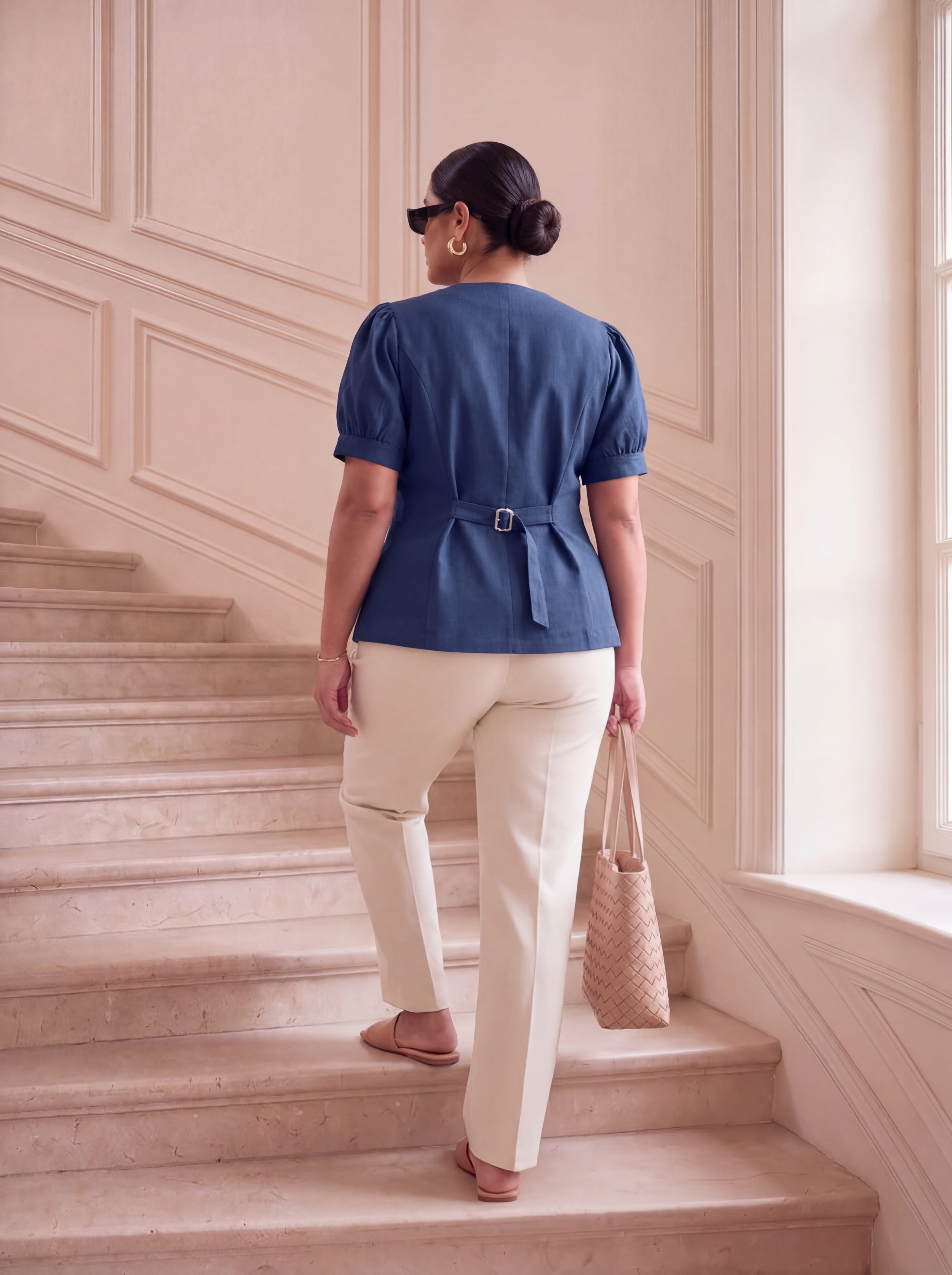 Navy Sleeved Waistcoat Top with Statement Brooches