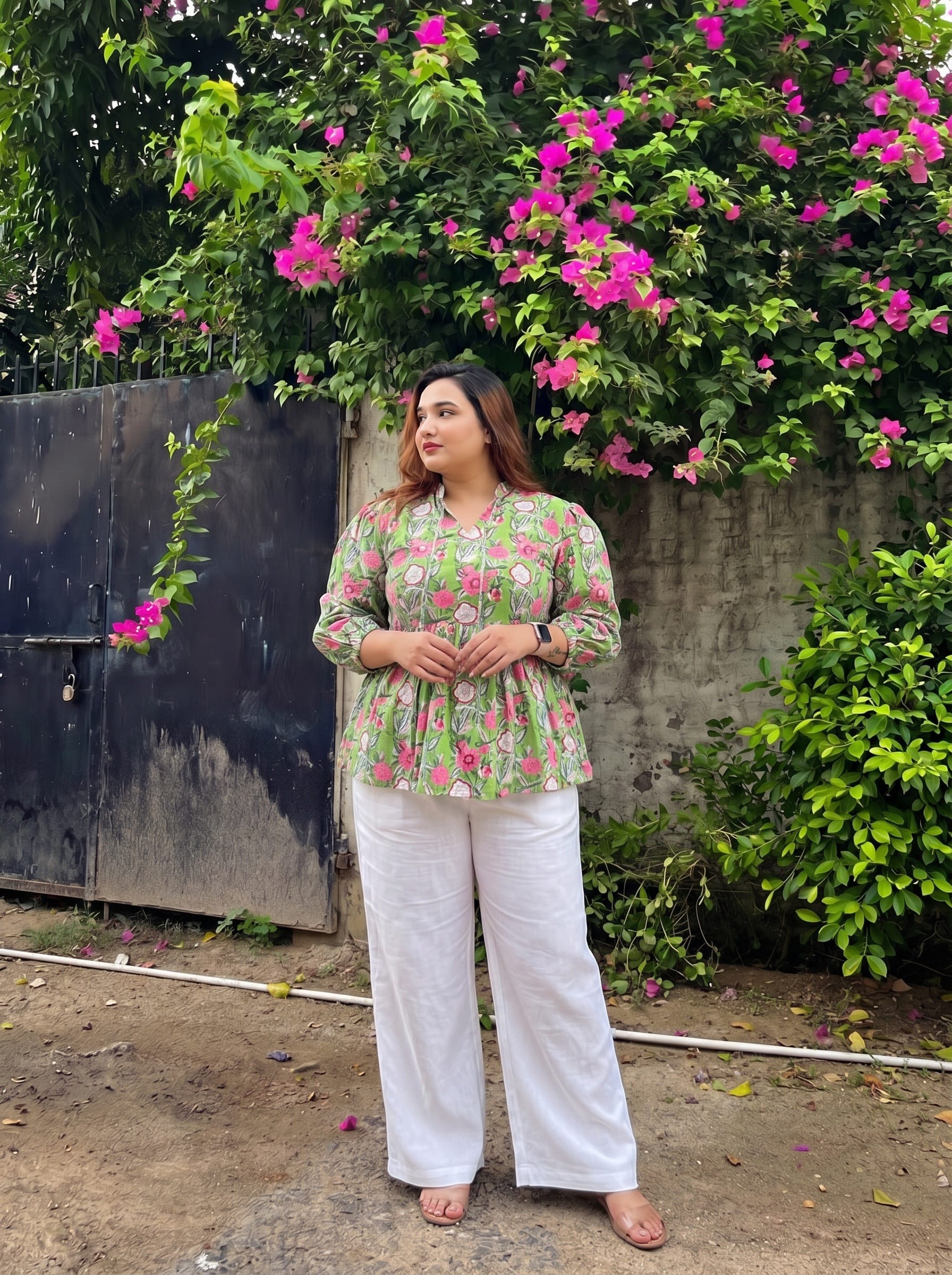 Green Floral Mandarin Top