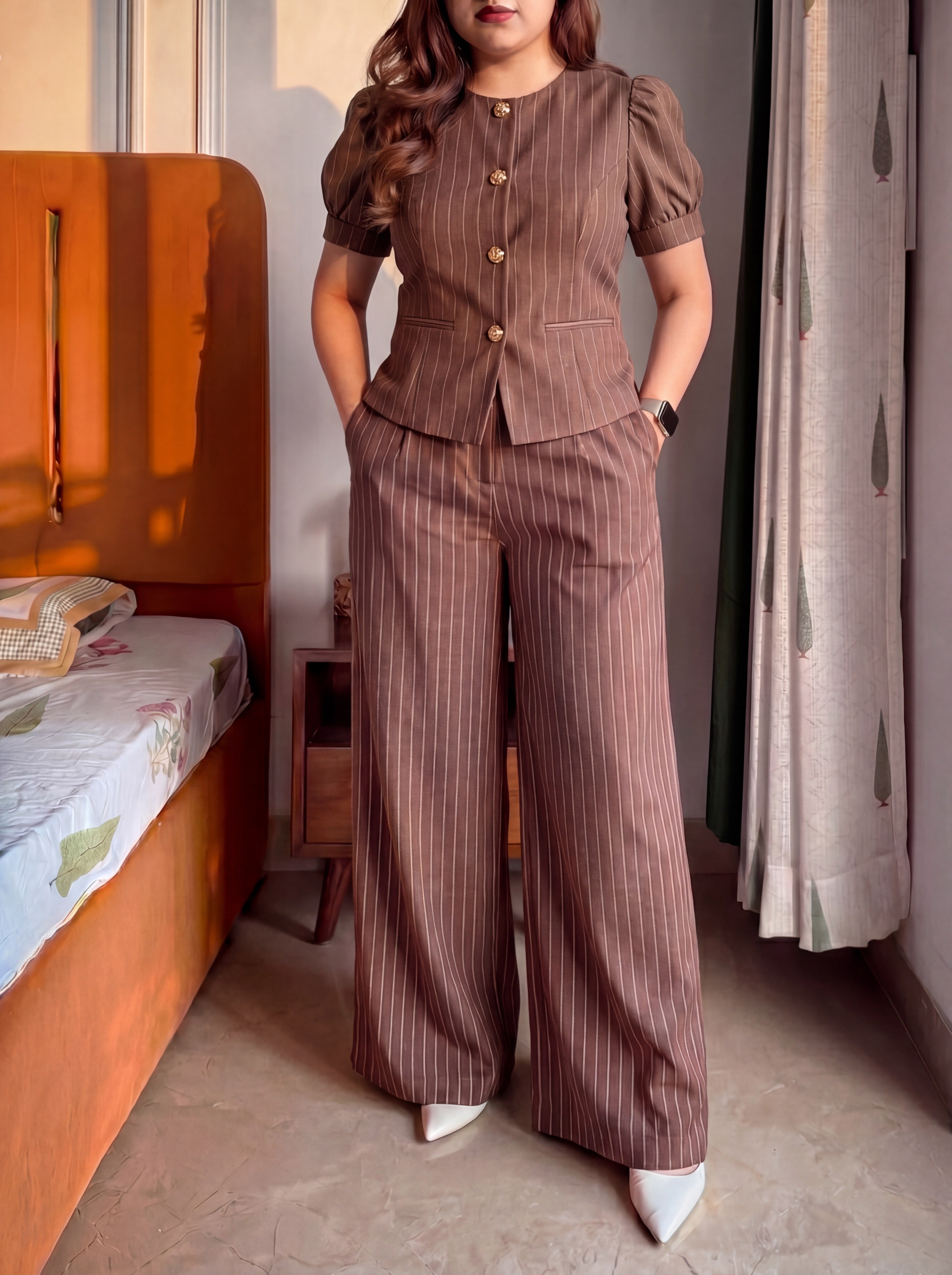 Brown Pinstripe Diana Sleeved Set