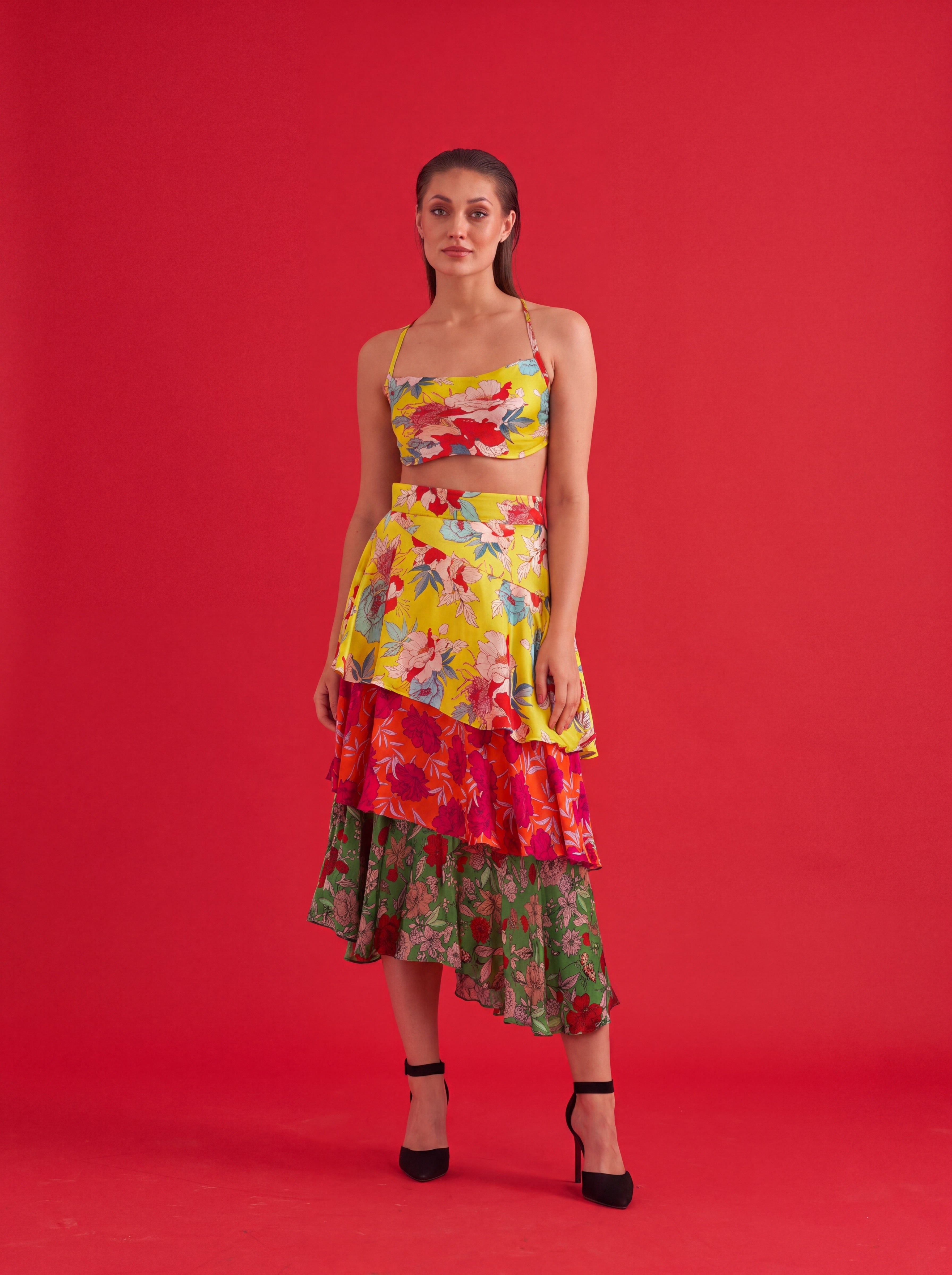 Tiered Printed Satin Skirt
