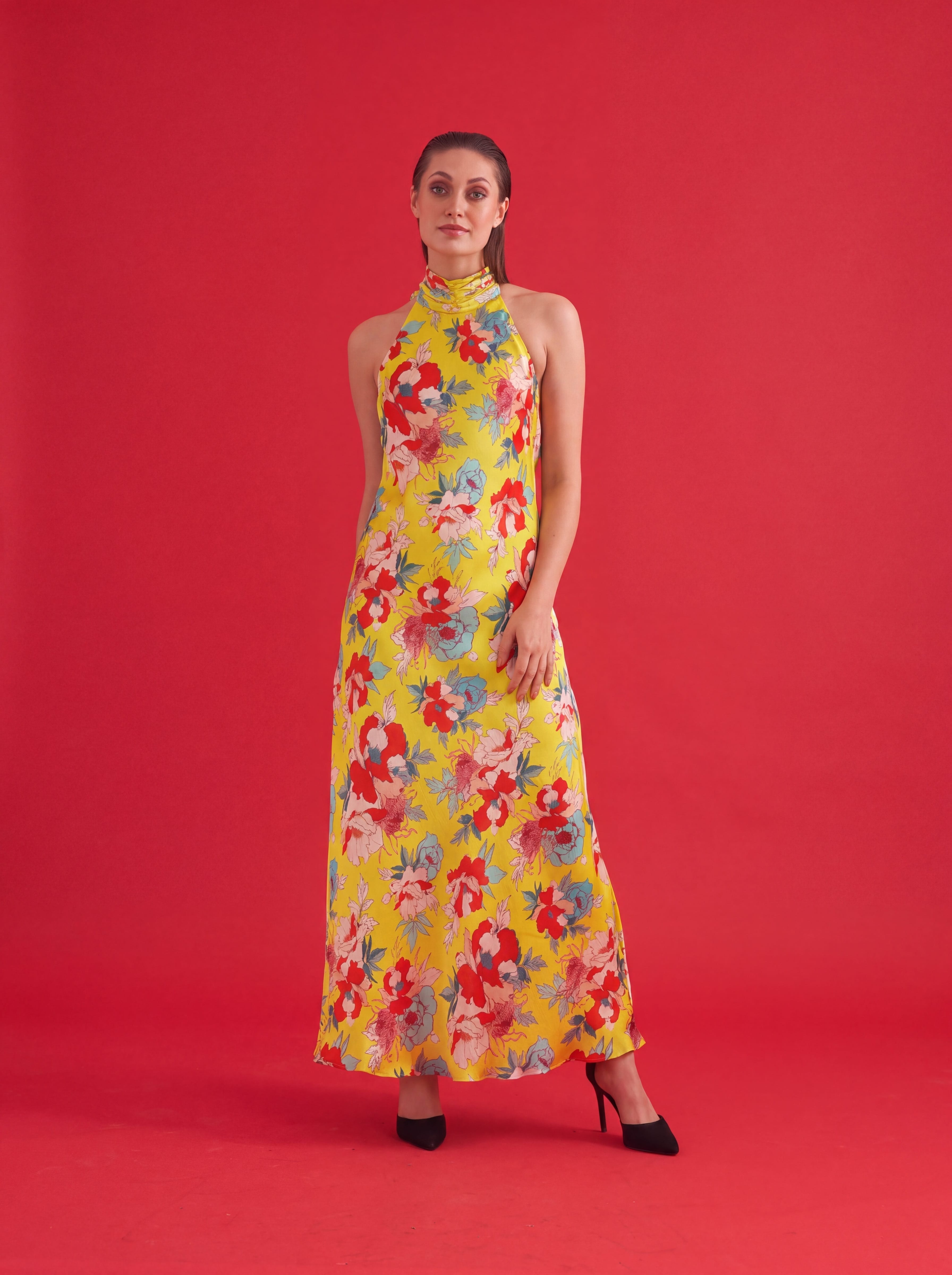 Floral Long Halter Satin Dress