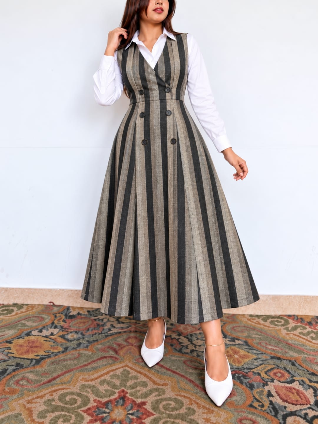 Midnight Pinstripe Pinafore Dress