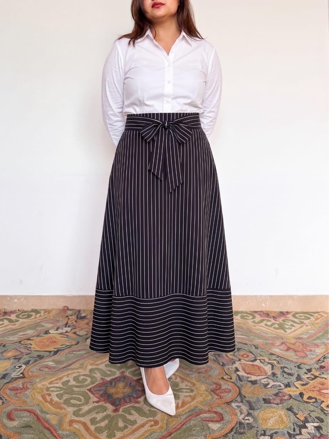 Boardroom Pinstripe Tie-Waist Skirt