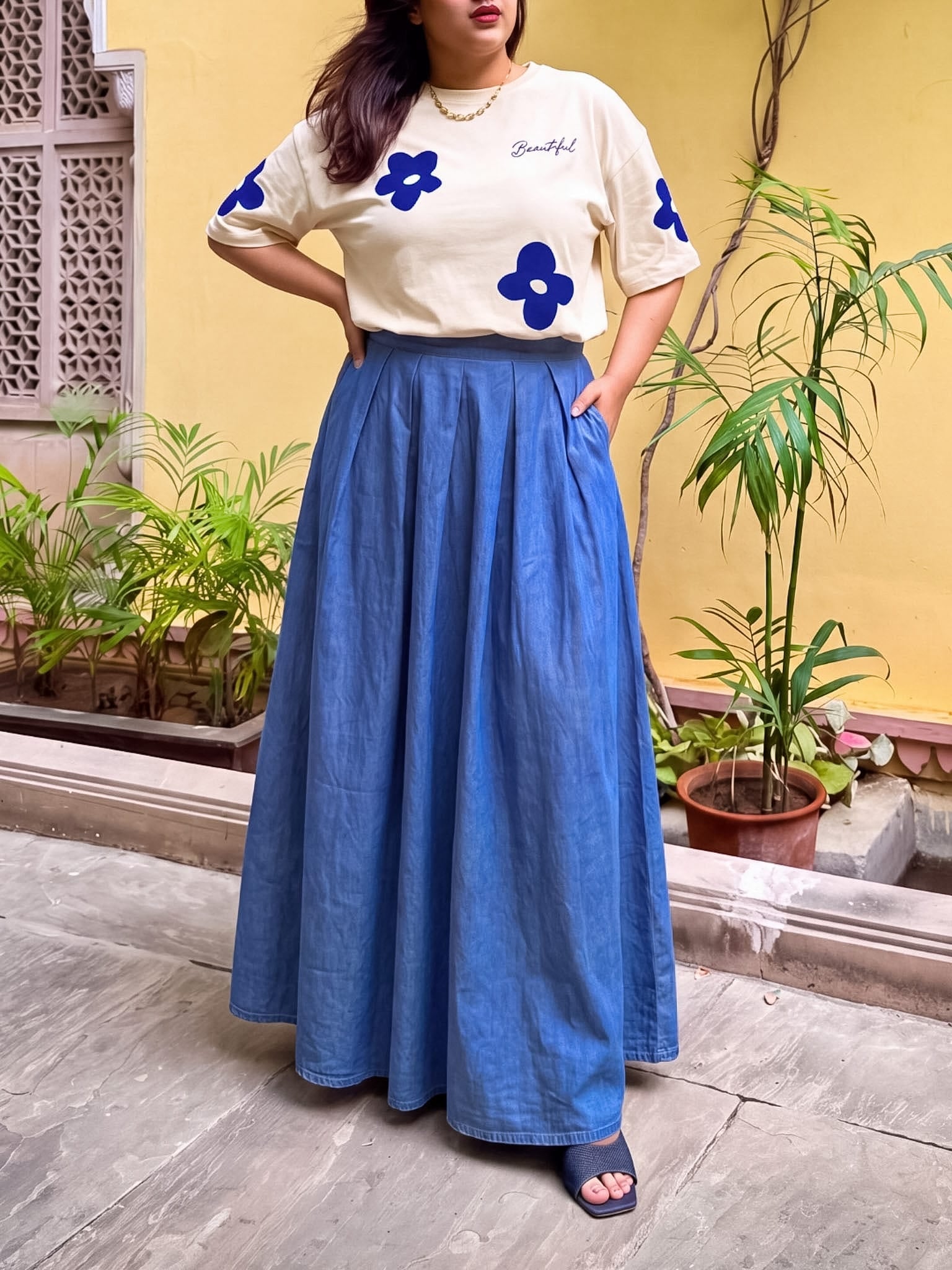 Elena Chambray Box Pleat Skirt