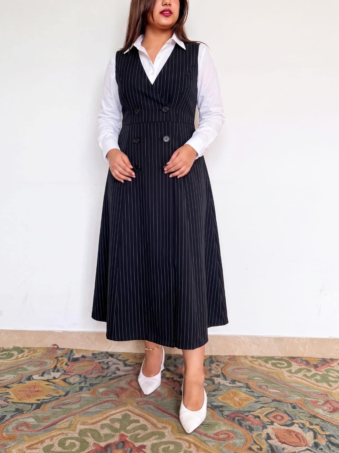 Midnight Pinstripe Pinafore Dress