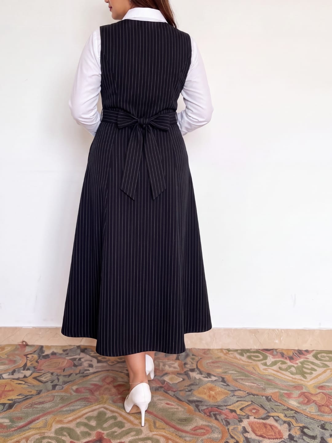 Midnight Pinstripe Pinafore Dress
