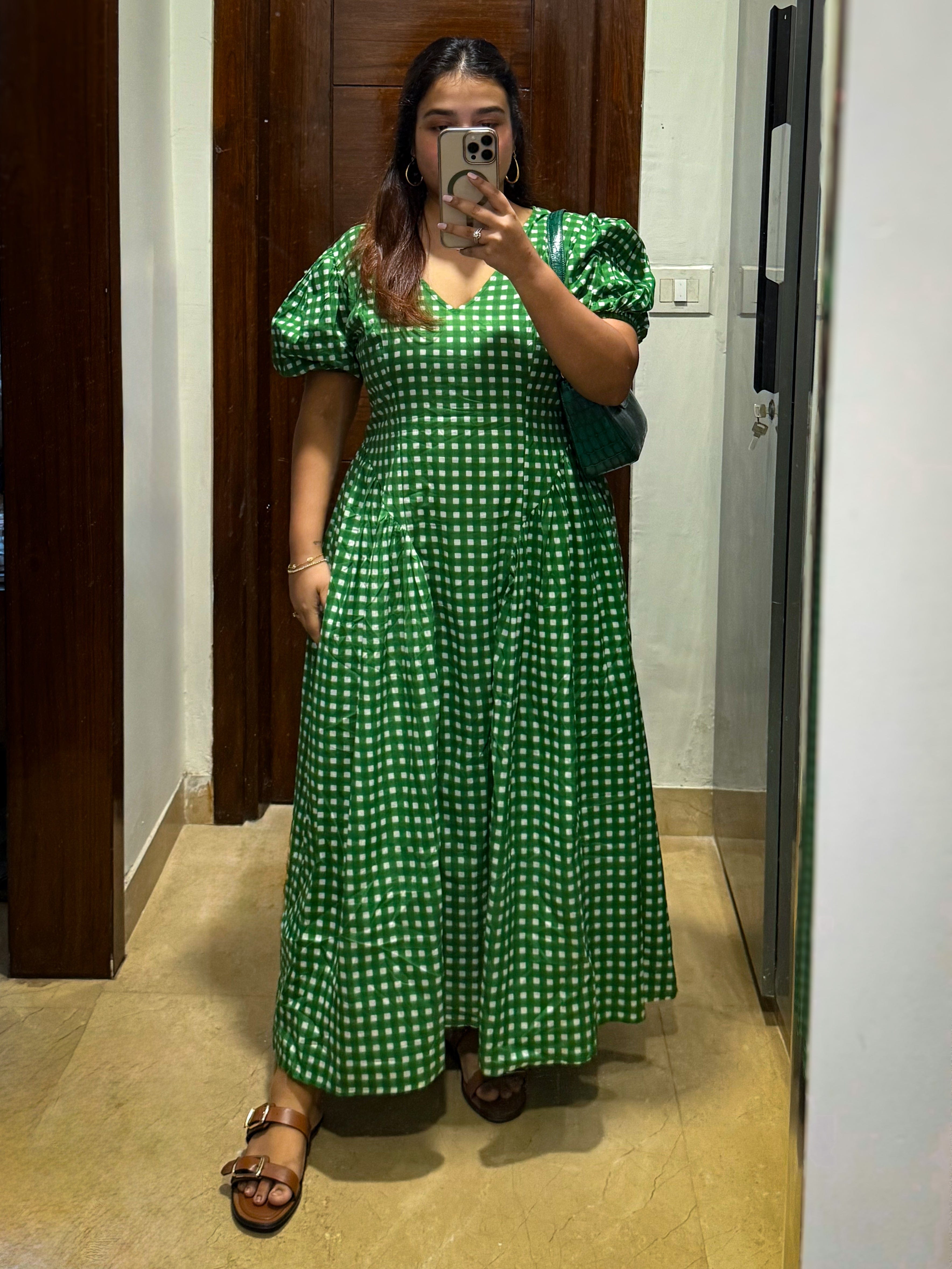 Sleeved Green Gingham Plaidy Dress