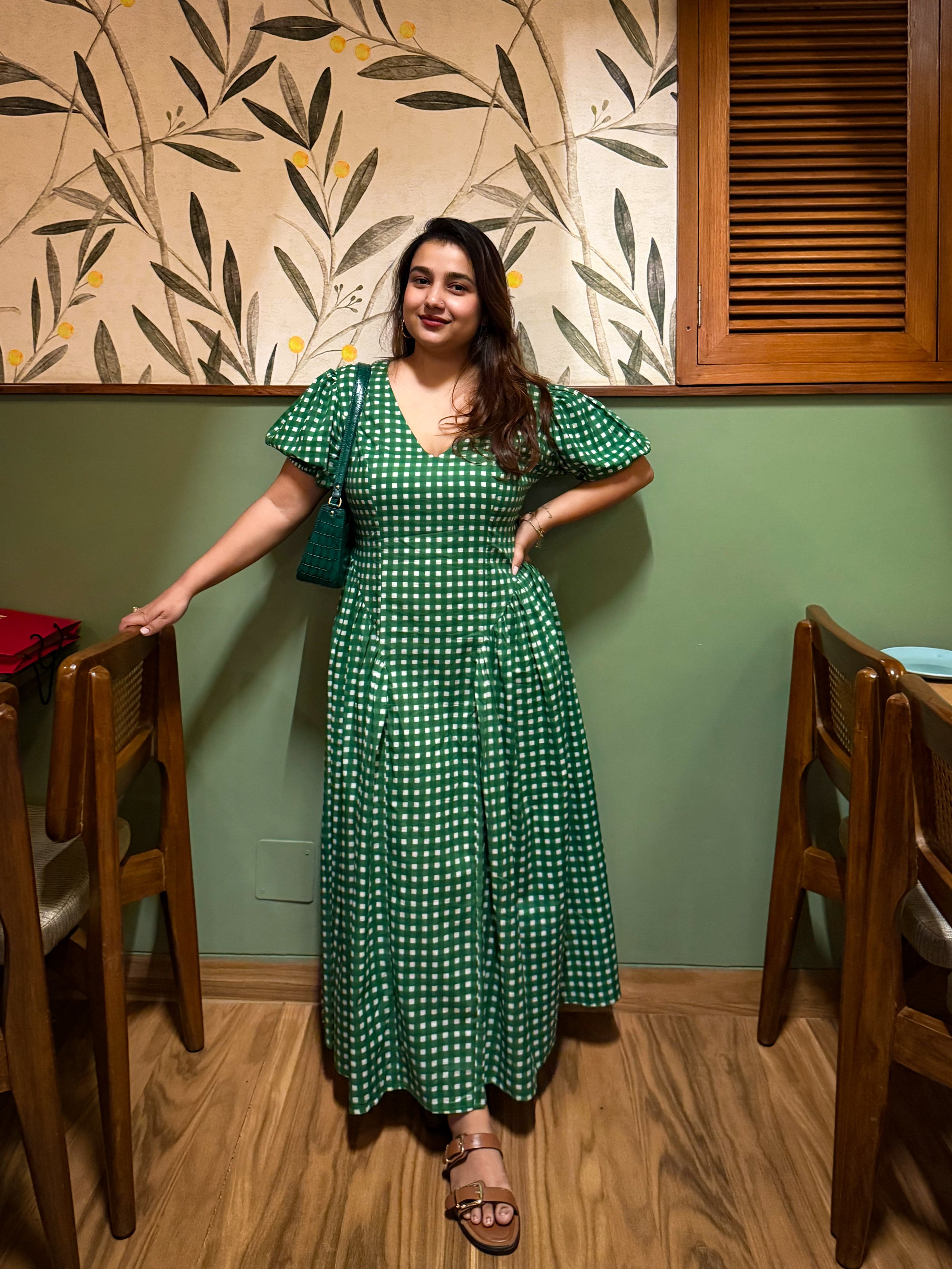 Sleeved Green Gingham Plaidy Dress