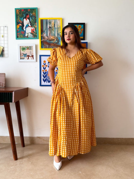 Sleeved Yellow Gingham Plaidy Dress