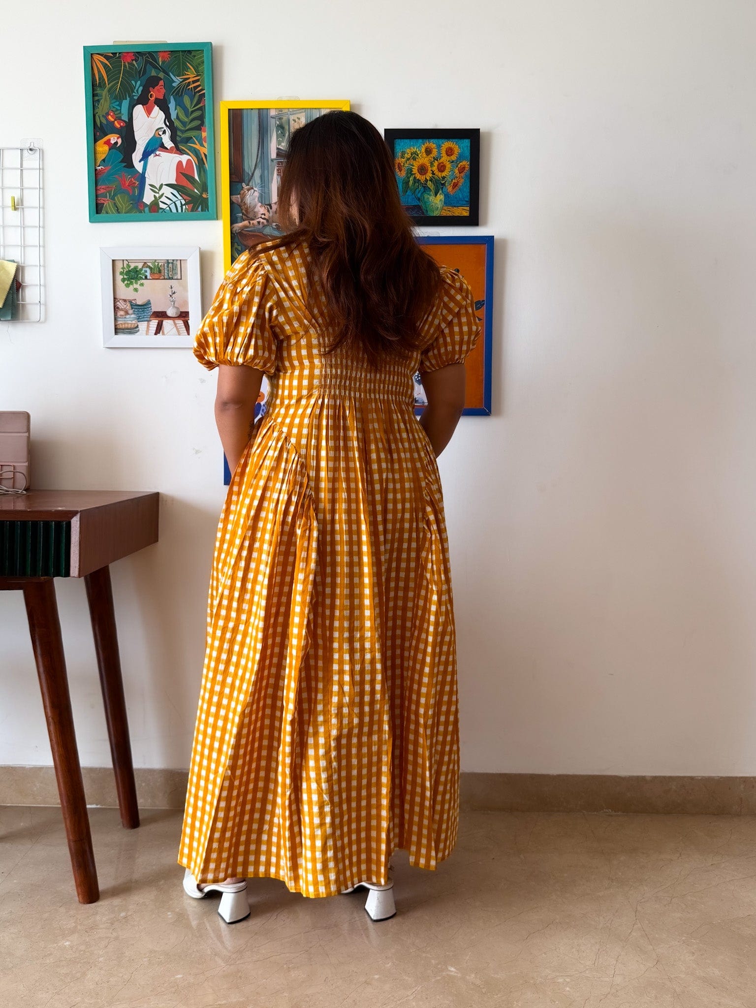 Sleeved Yellow Gingham Plaidy Dress