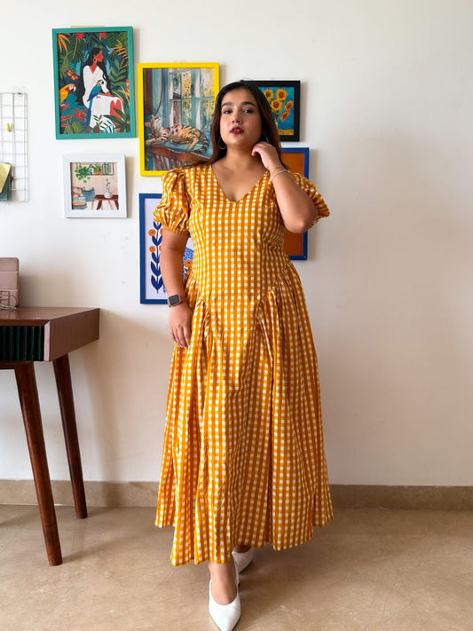Sleeved Yellow Gingham Plaidy Dress