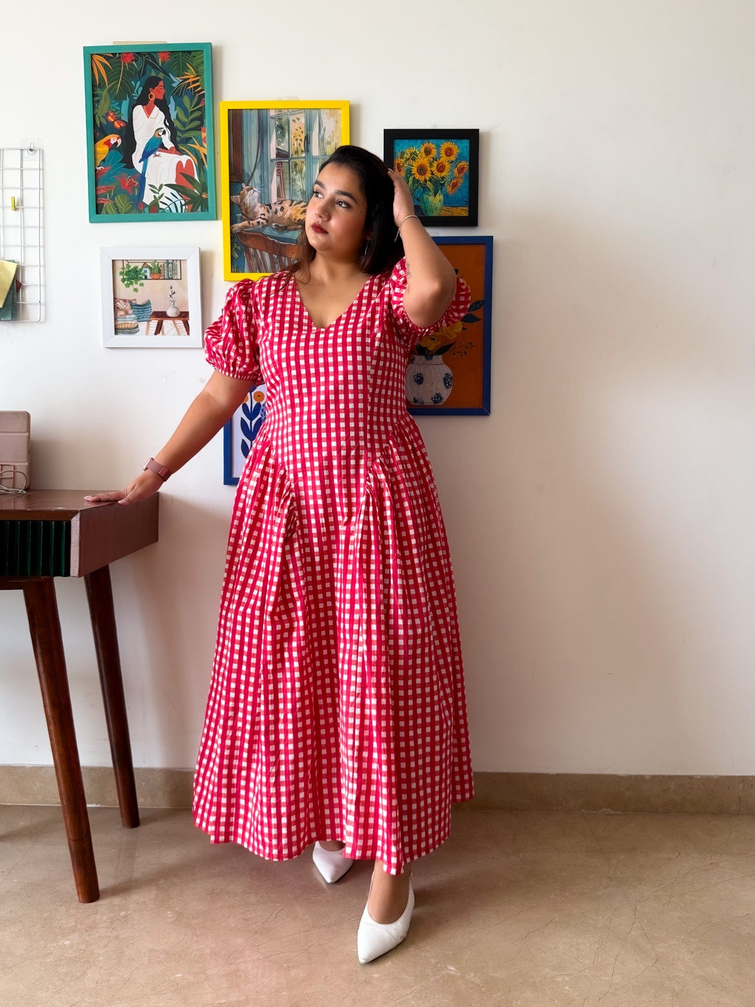Sleeved Red Gingham Plaidy Dress