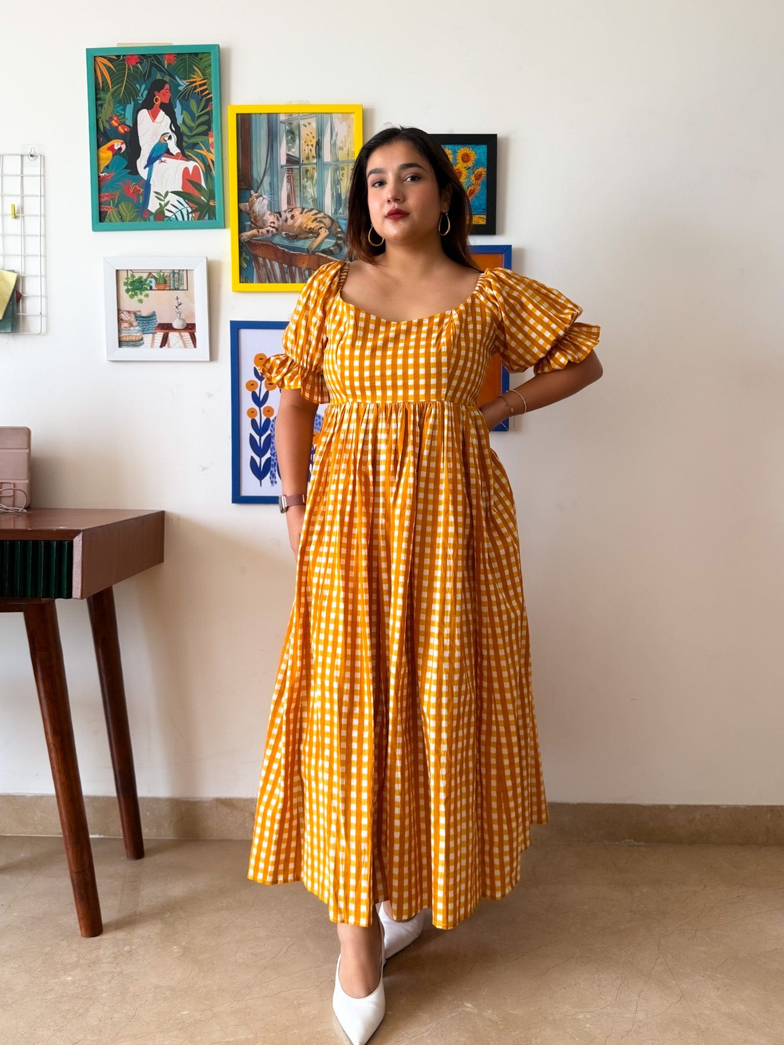Sleeved Yellow Gingham Biscoff Dress