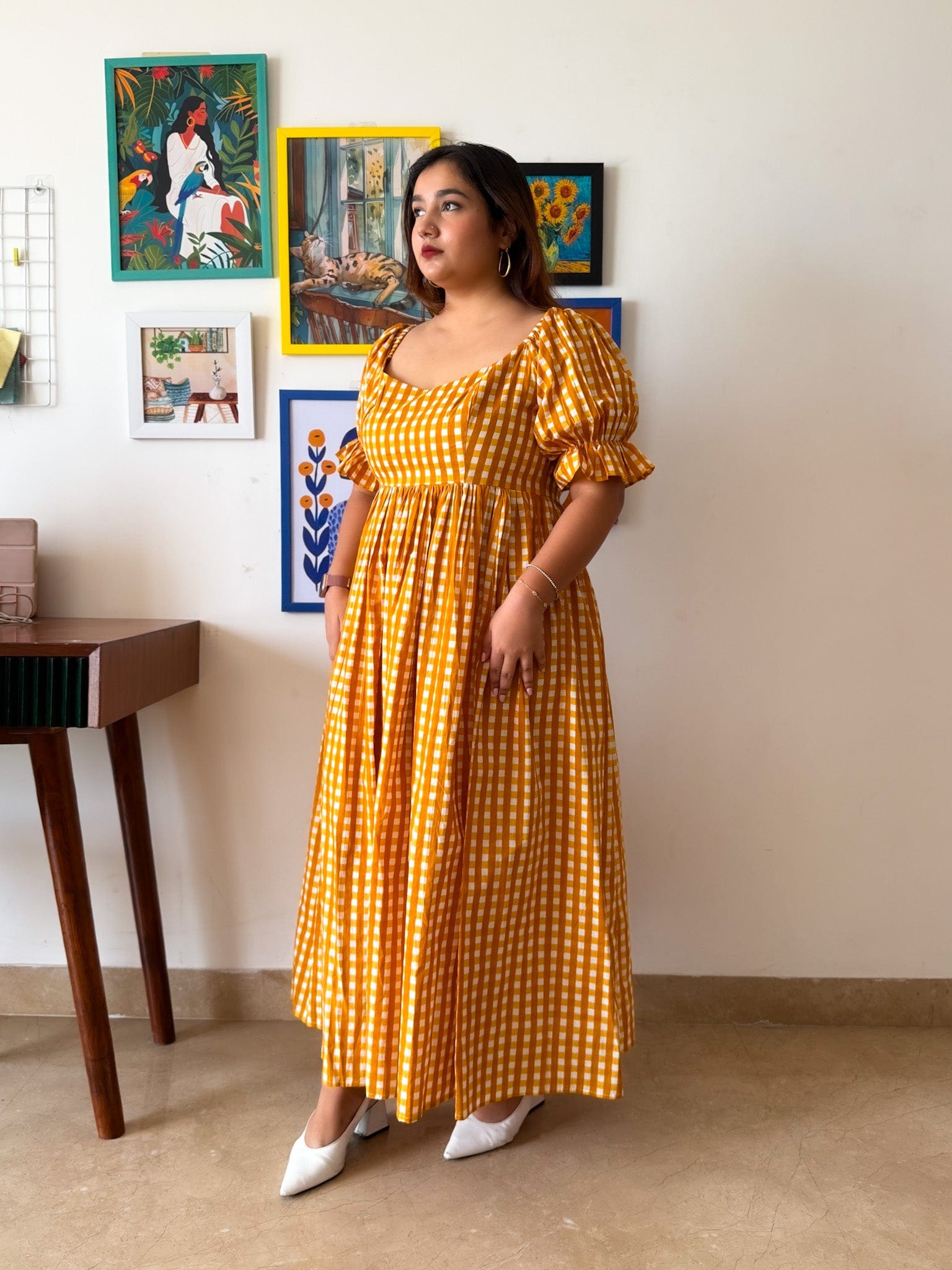 Sleeved Yellow Gingham Biscoff Dress