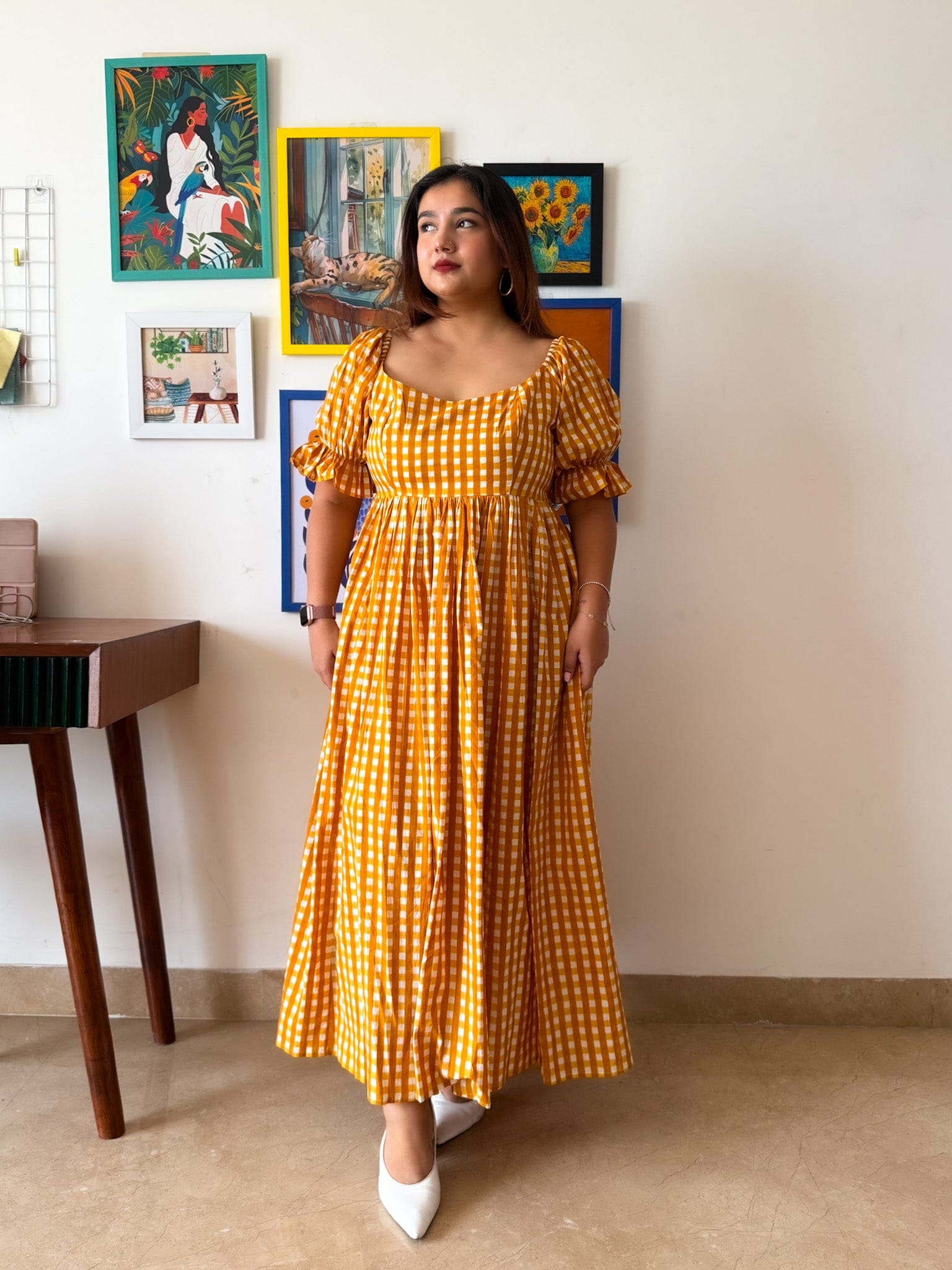 Sleeved Yellow Gingham Biscoff Dress