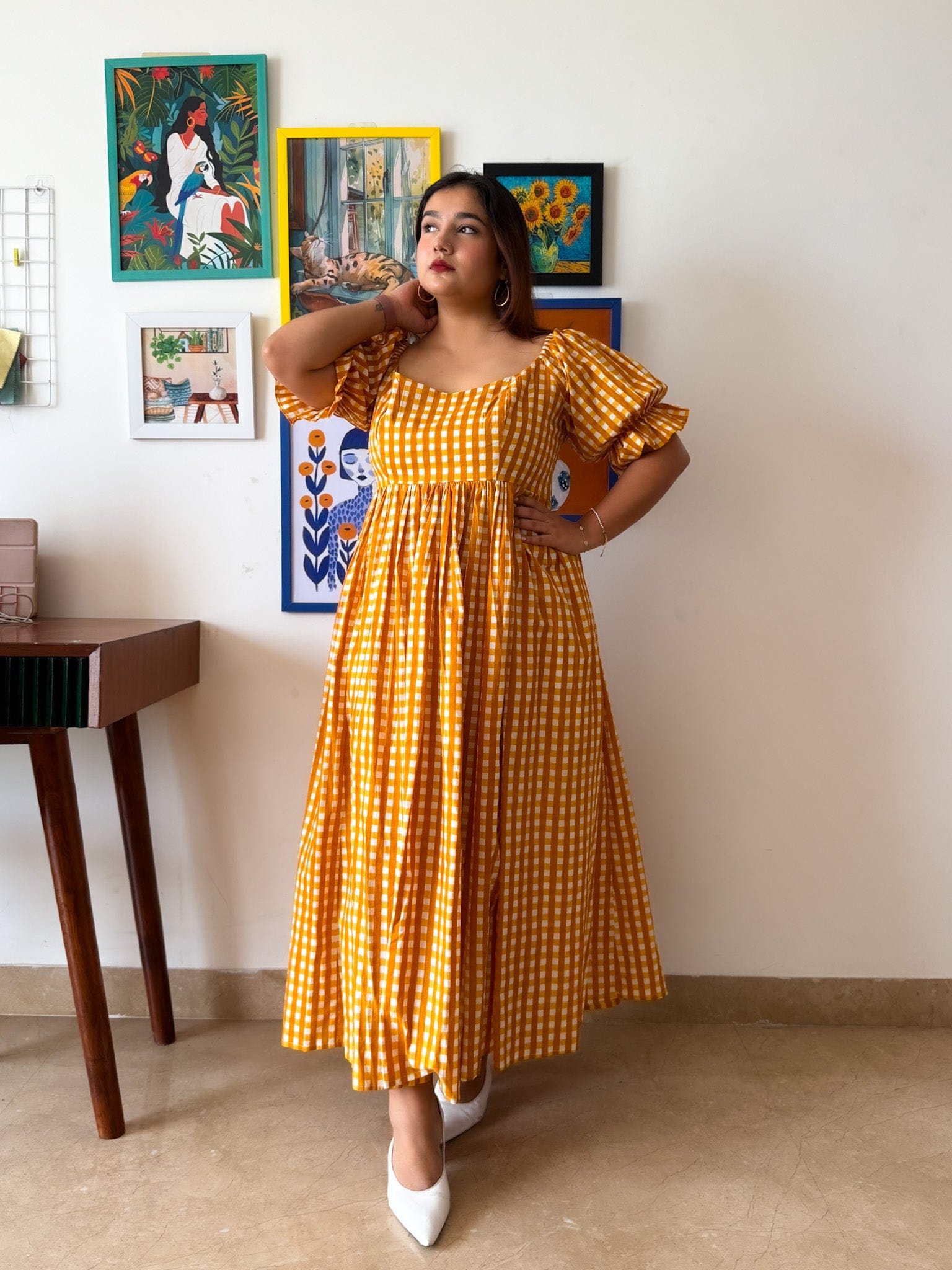Sleeved Yellow Gingham Biscoff Dress