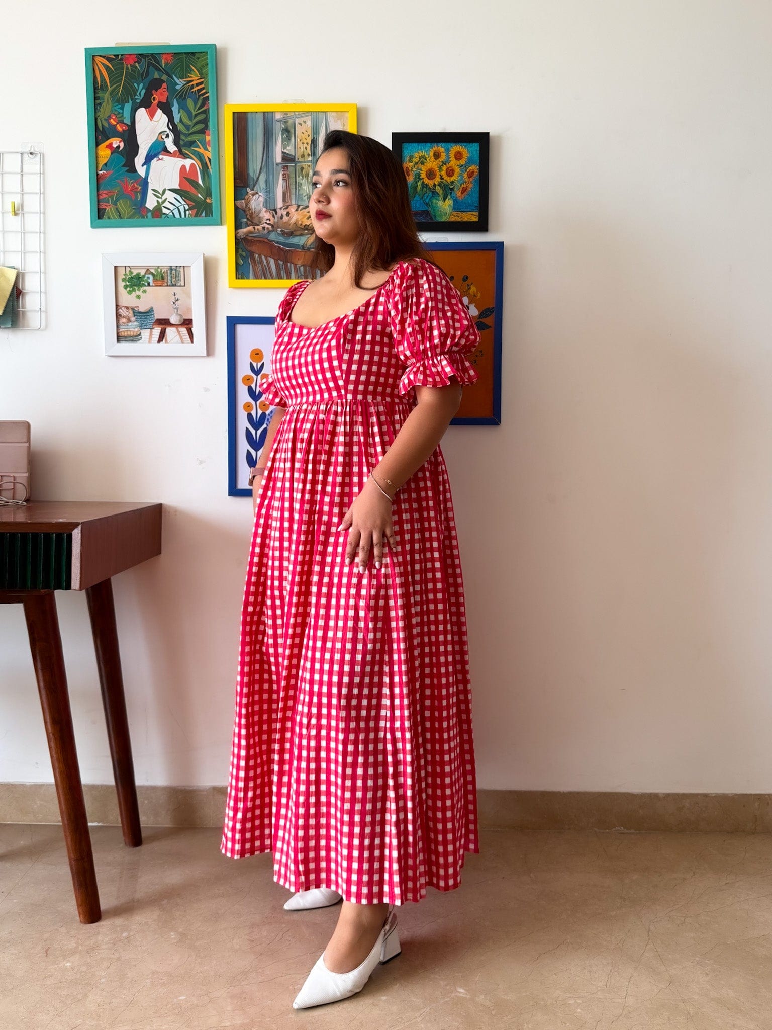 Sleeved Red Gingham Biscoff Dress